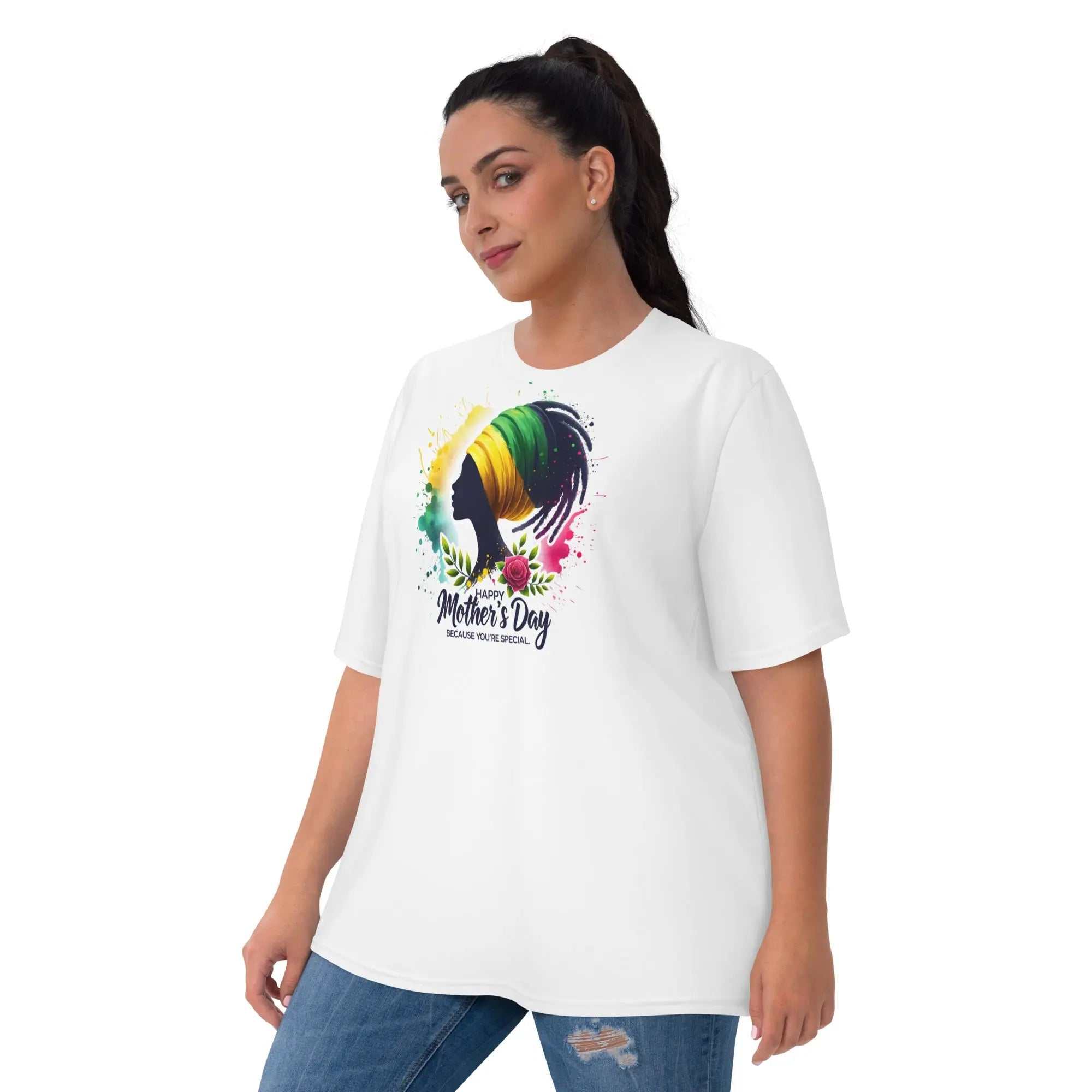 Woman wearing white Mothers Day Women's T-shirt with colorful graphic design and text "Happy Mother's Day"