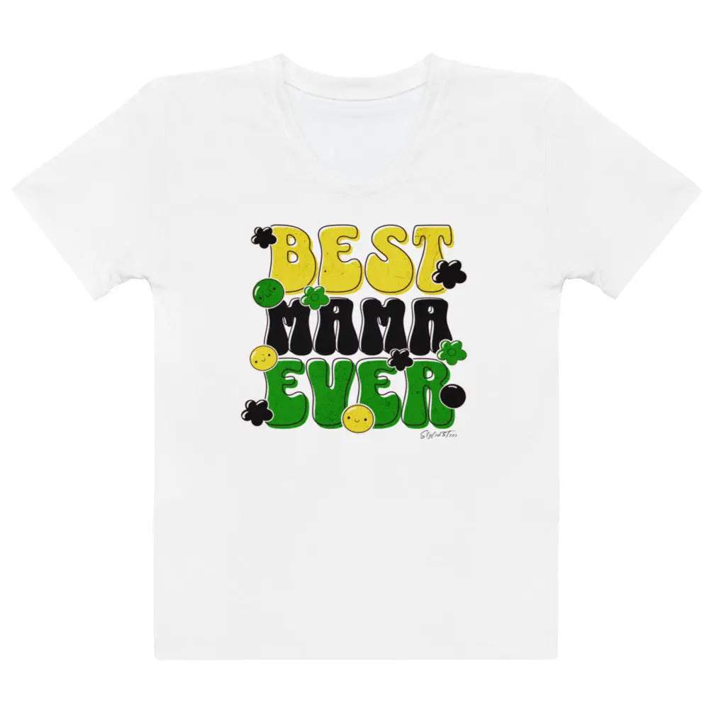 White Mothers Day womens t-shirt with "Best Mama Ever" colorful graphic design, made of soft polyester blend fabric.