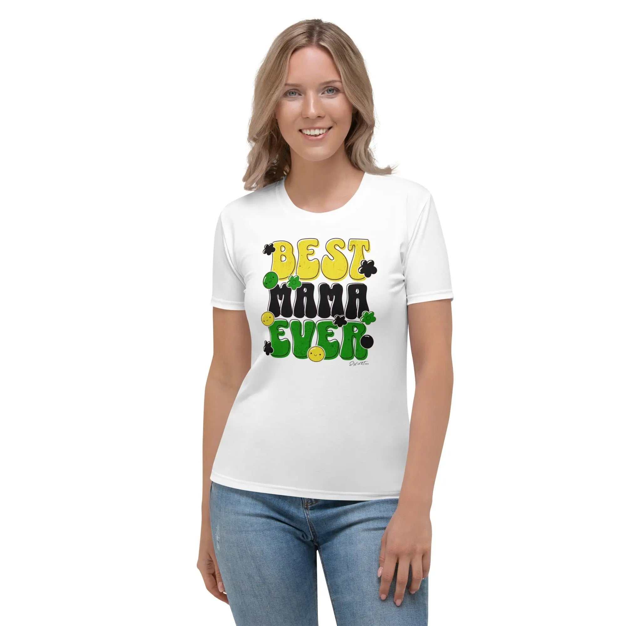 Woman wearing white Mothers Day Women's T-Shirt with "Best Mama Ever" text design