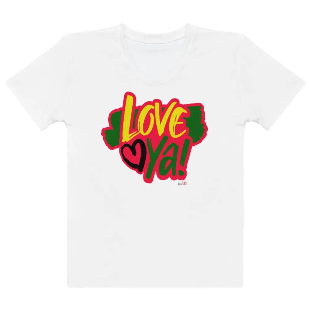 White Love Ya womens t-shirt with vibrant red, gold, and green Pan-African design and heart graphic