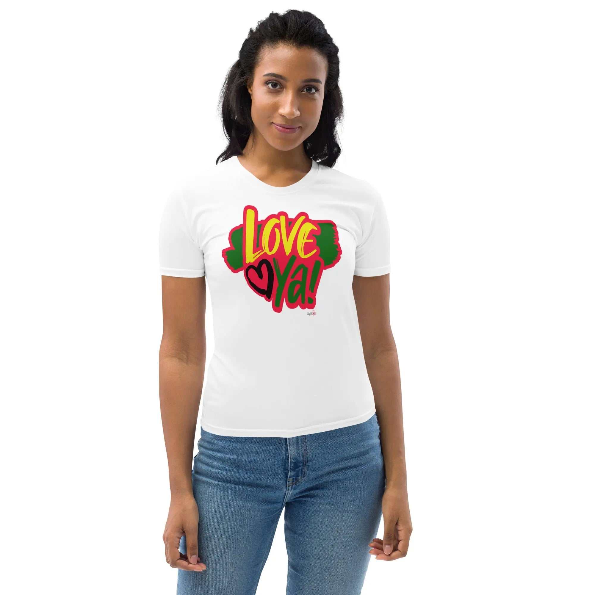 Love Ya Women's T-shirt with bold red, gold, and green design inspired by African heritage on white cotton blend fabric