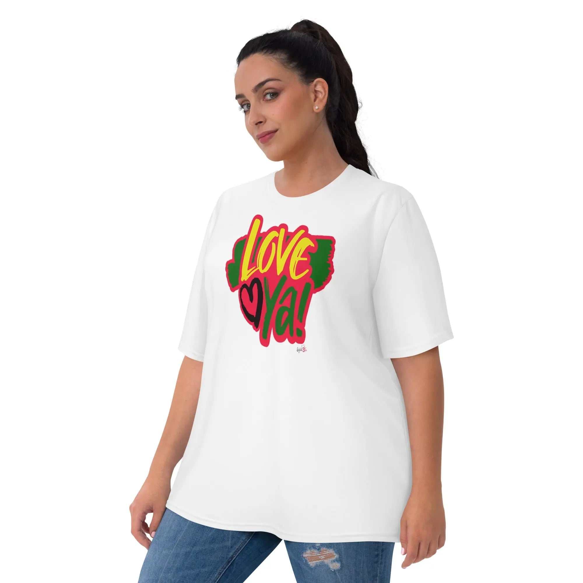 Love Ya Women's T-shirt white with red, gold, and green love message design, casual comfortable fit