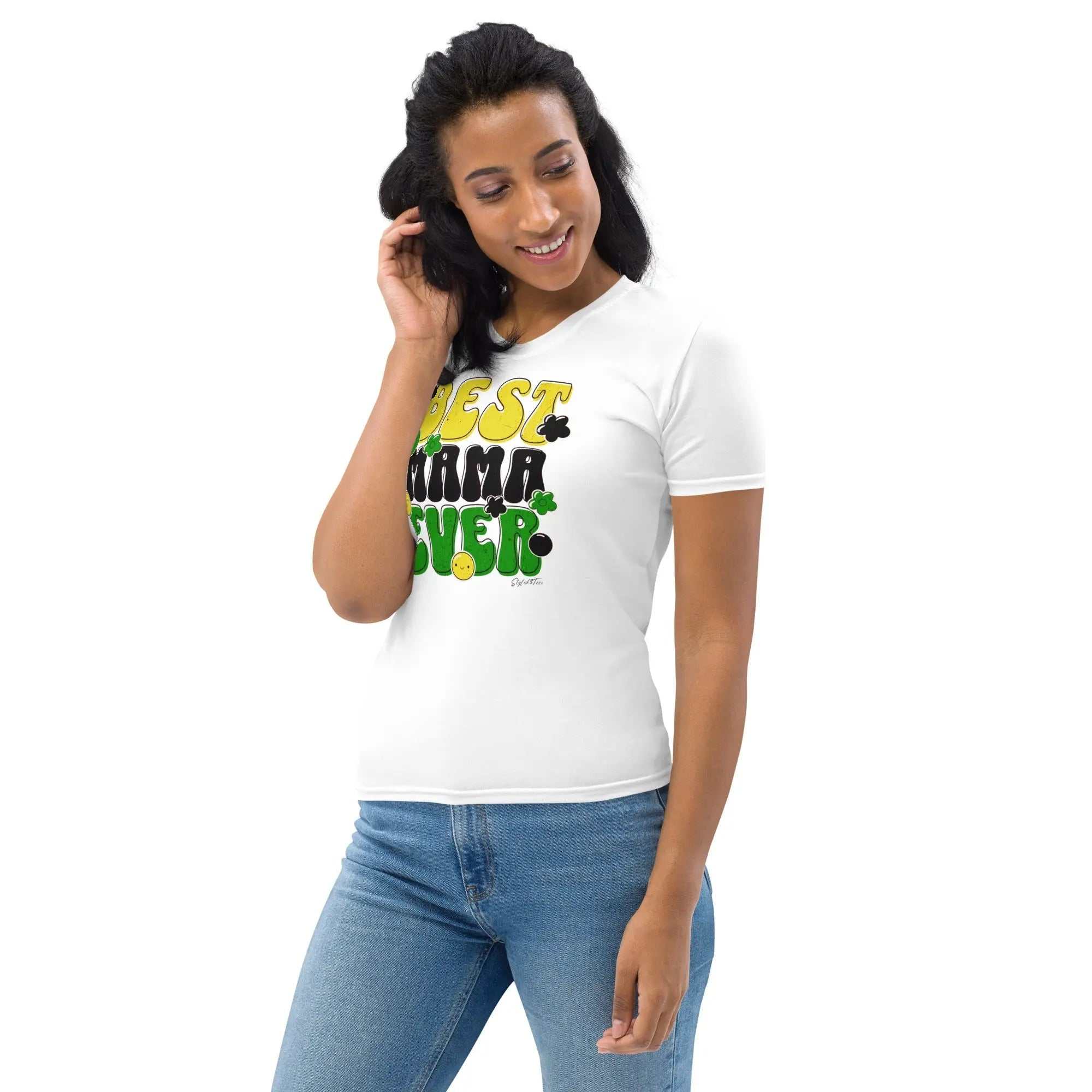 Mothers Day Women's T-Shirt white cotton touch polyester jersey with "Best Mama Ever" design worn by smiling woman