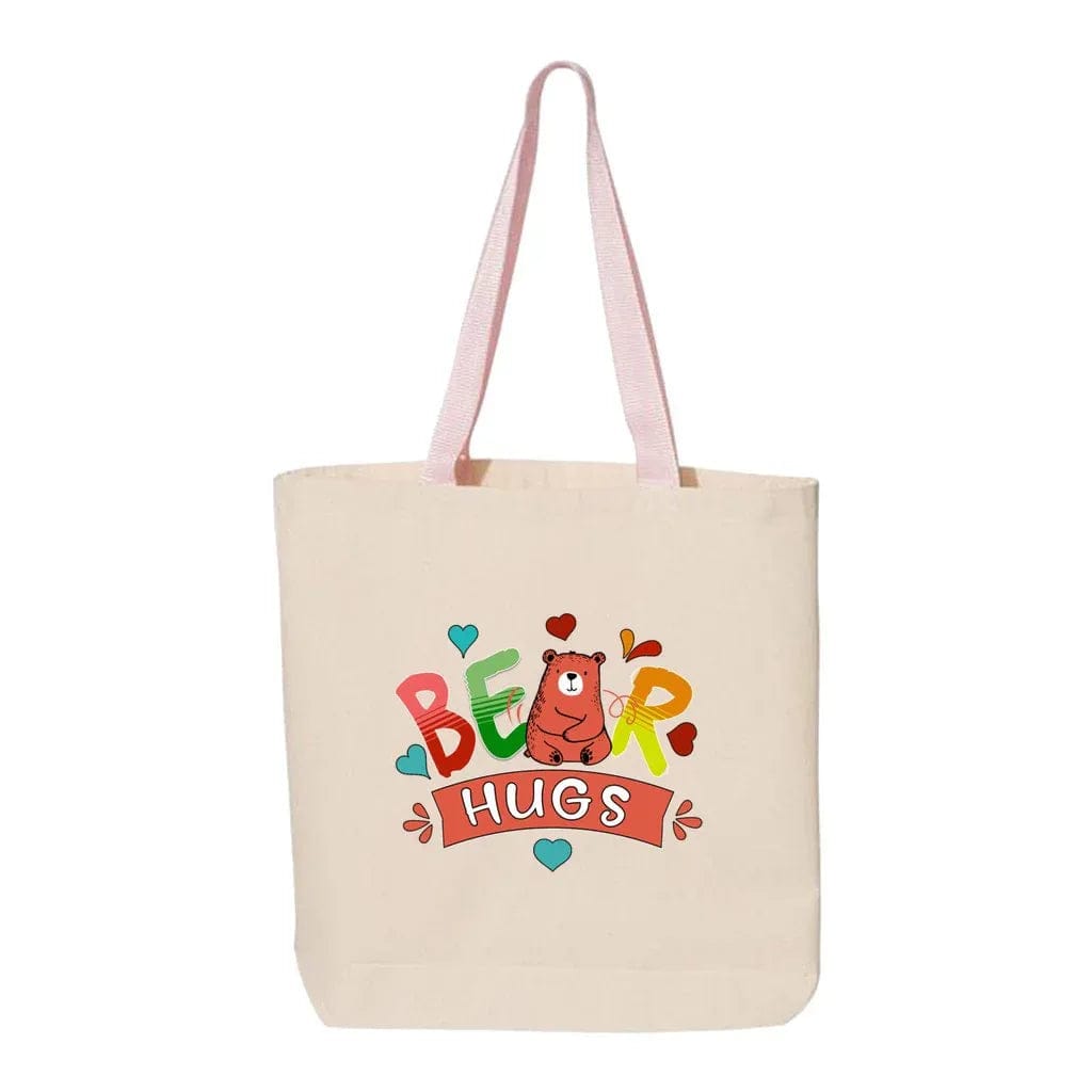 Awkward Styles 15X15X3 / Natural-Light Pink Bear Hugs Canvas Tote with Contrast-Color Handles