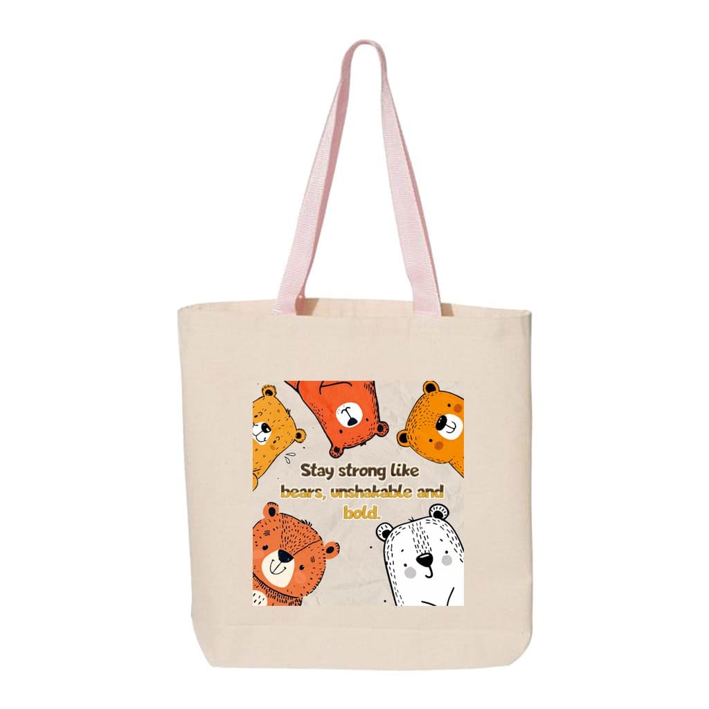 Awkward Styles 15X15X3 / Natural-Light Pink Stay Strong Five Bear Canvas Tote with Contrast-Color Handles