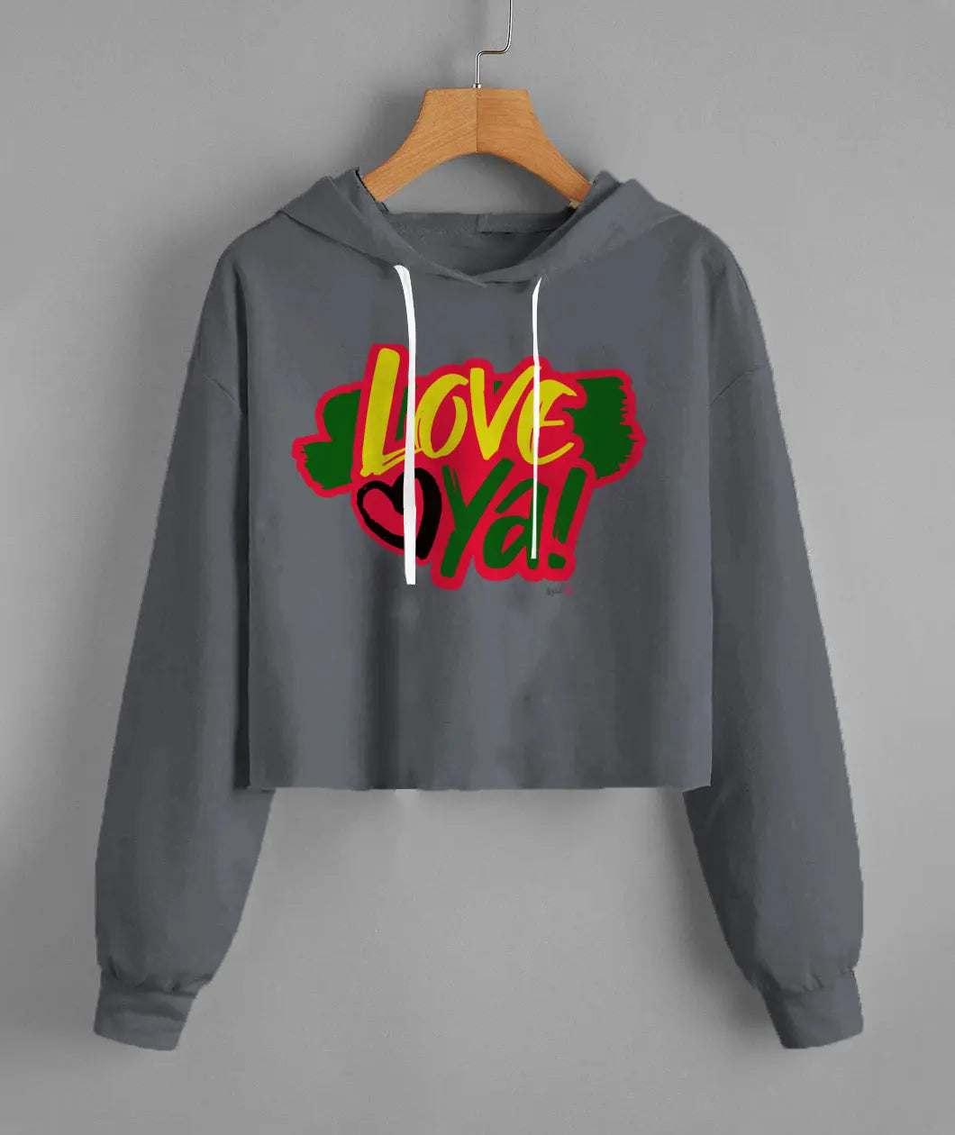 Gray cropped hoodie with colorful "Love Ya!" graphic and heart design