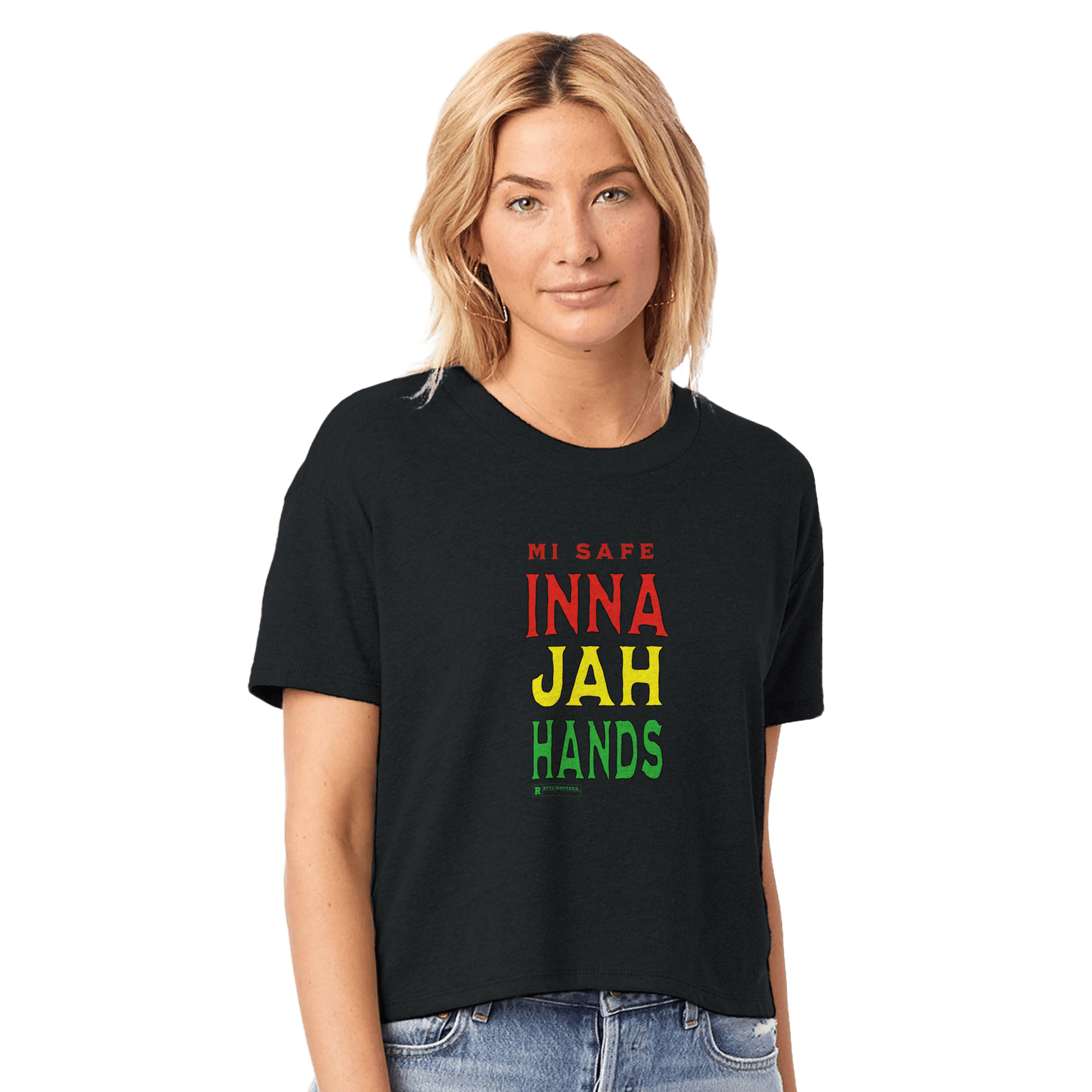 My Store Print Material Black / XS Me Safe Inna Jay Hands Jamaica Women's Headliner Cropped Crewneck T-Shirt | Alternative 5114BP