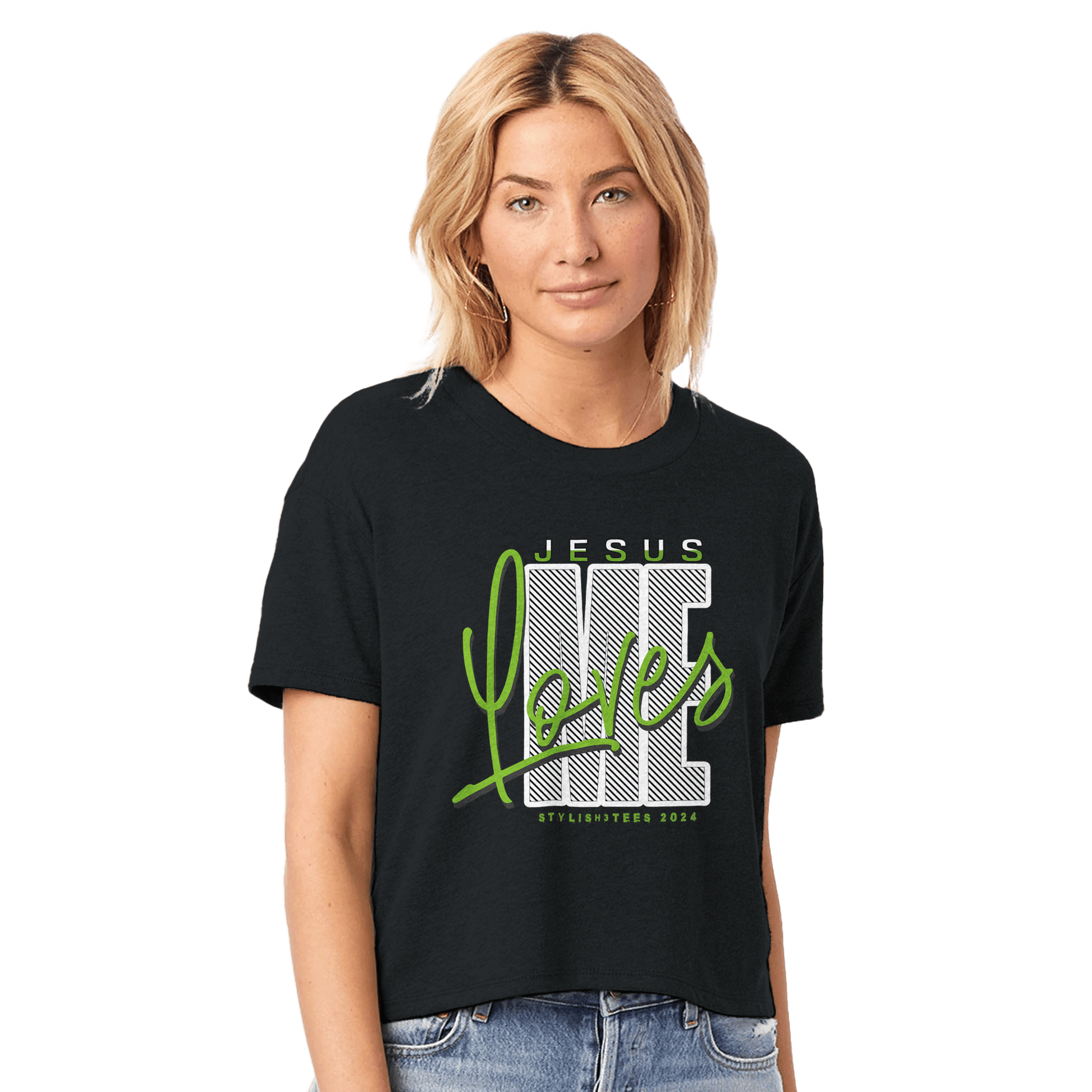 My Store Print Material Black / XS Jesus Loves Me. Women's Headliner Cropped Crewneck T-Shirt | Alternative 5114BP