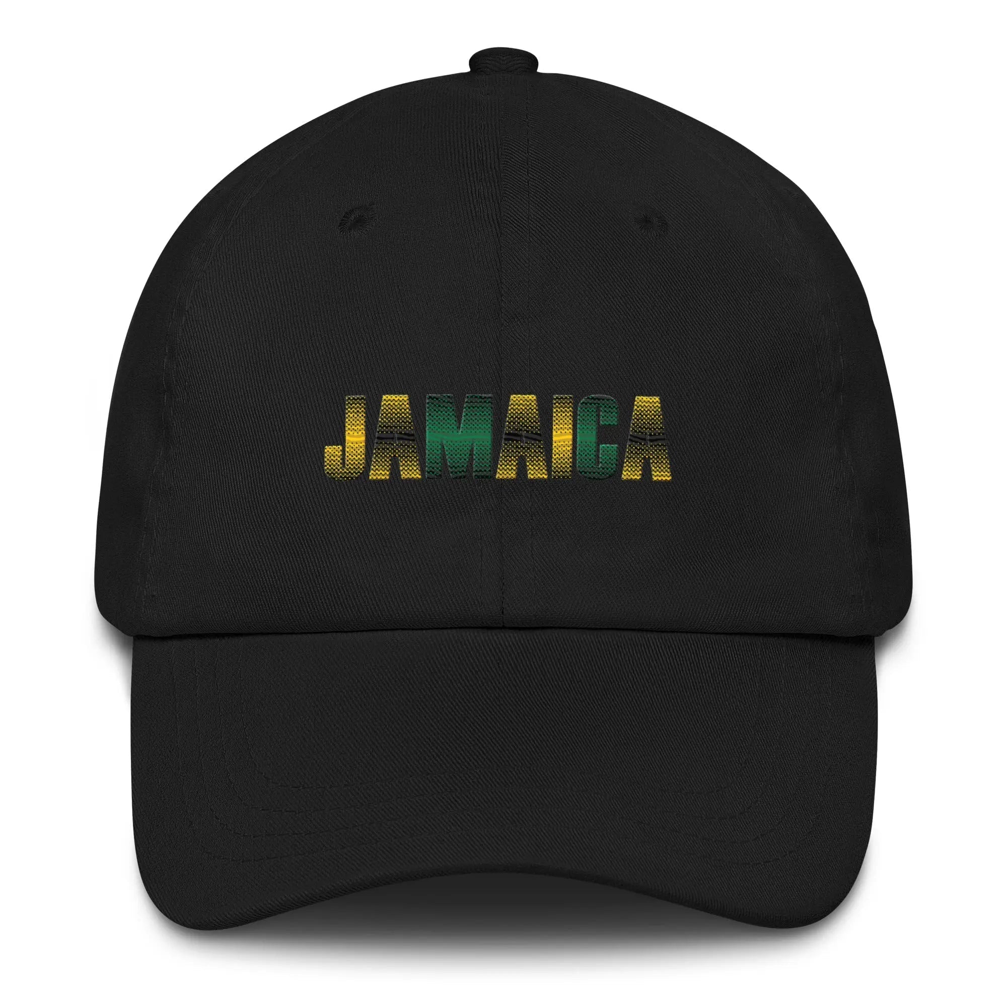 Black Jamaica Hat with curved visor and embroidered Jamaica text in green and yellow