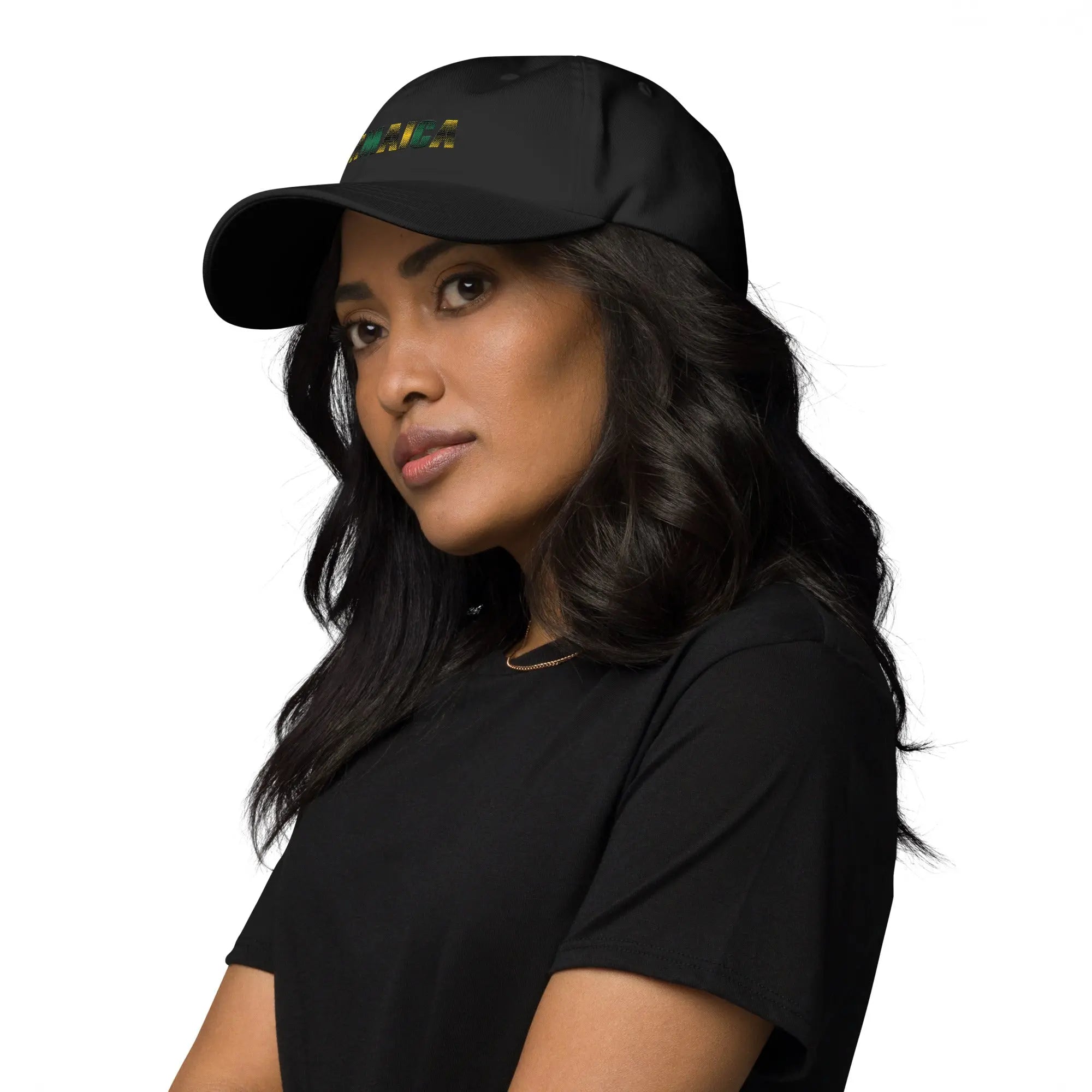 Woman wearing black Jamaica Unisex Dad Hat with embroidered logo on front and black t-shirt