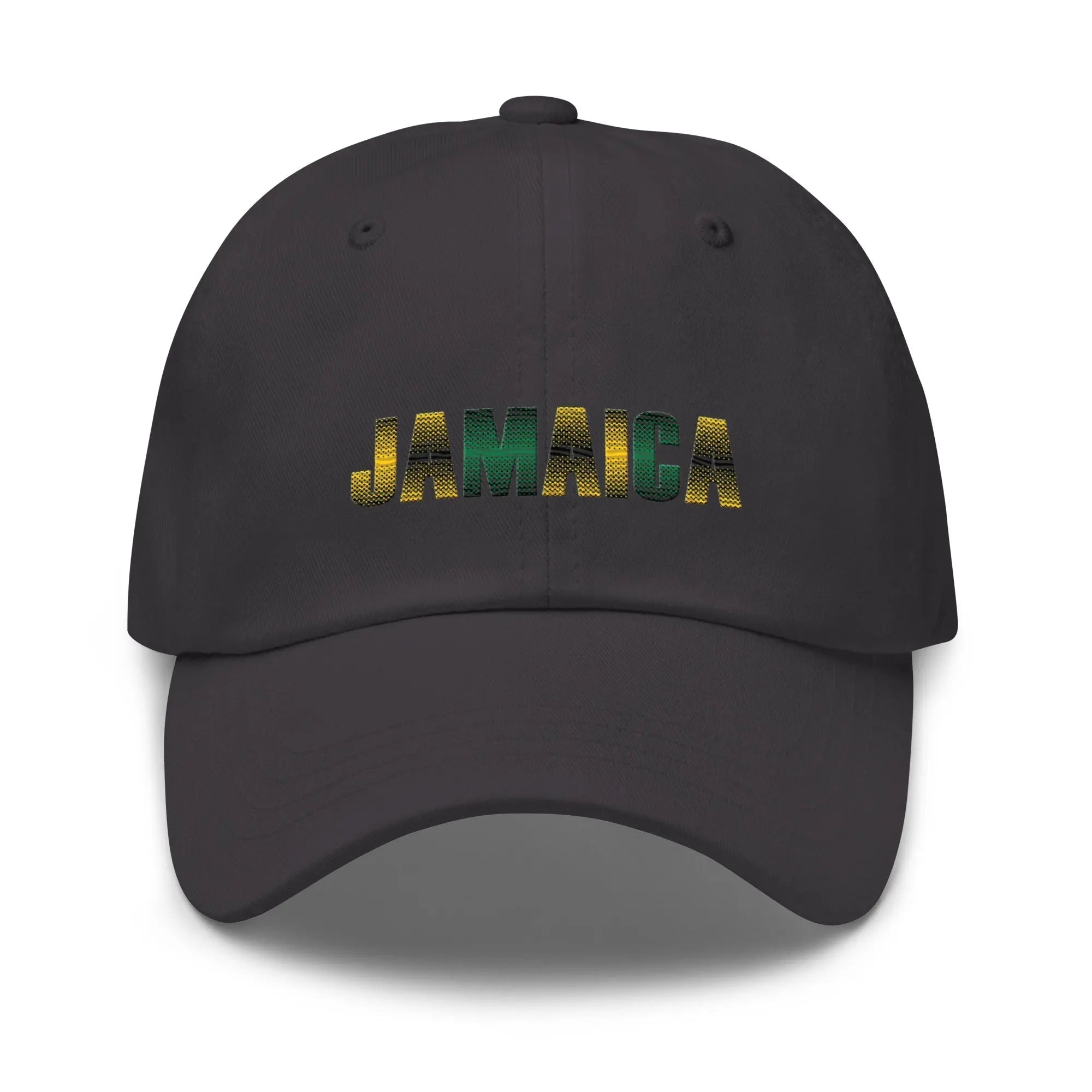 Black Jamaica Unisex Dad Hat with embroidered Jamaica text in green and yellow colors, adjustable strap and curved visor