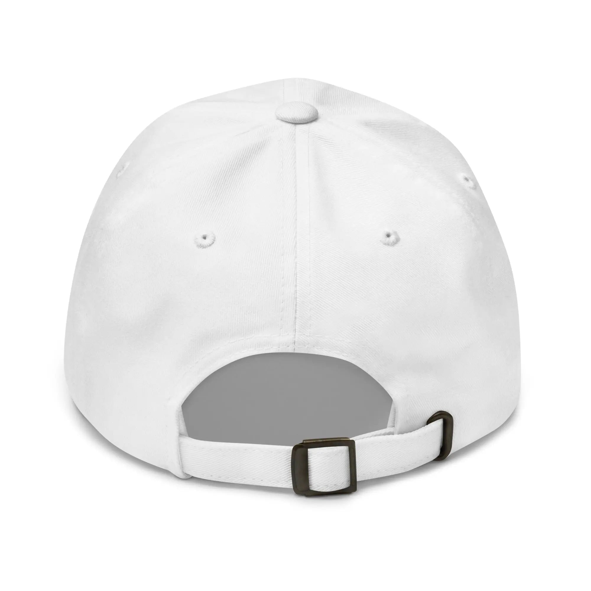 Back view of white adjustable Jamaica Unisex Dad Hat with antique buckle strap and embroidered eyelets