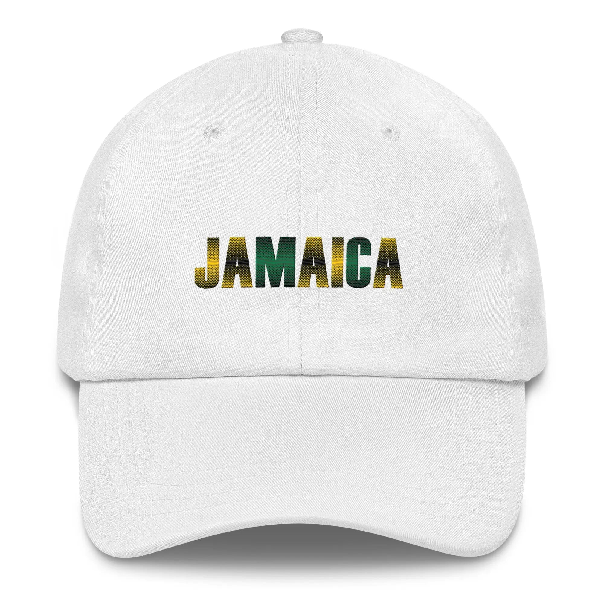 White Jamaica unisex dad hat with multicolor embroidered Jamaica text on front, adjustable strap, and curved visor