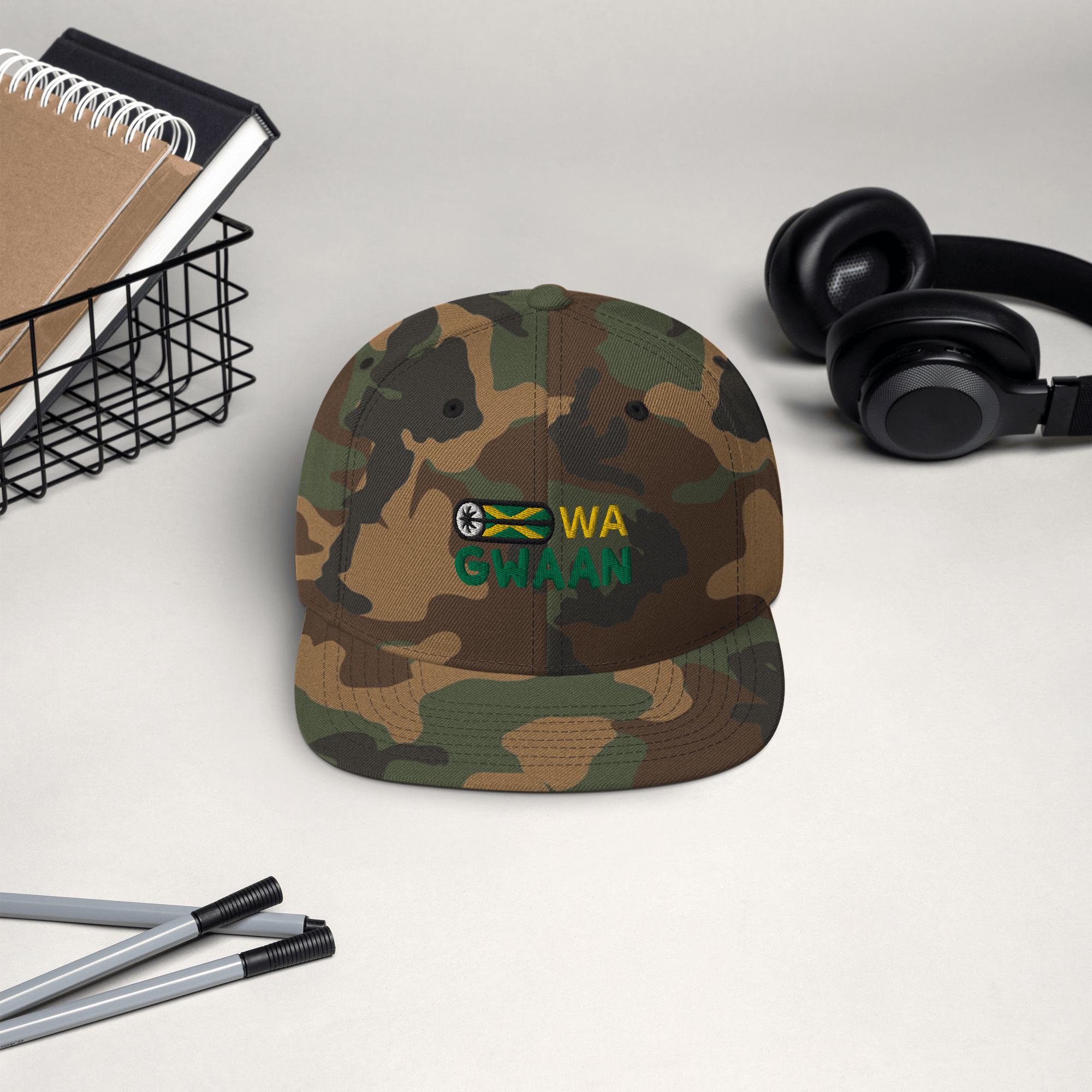 Stylish3Tees.com Green Camo Wa Gwaan Jamaica Snapback Hat