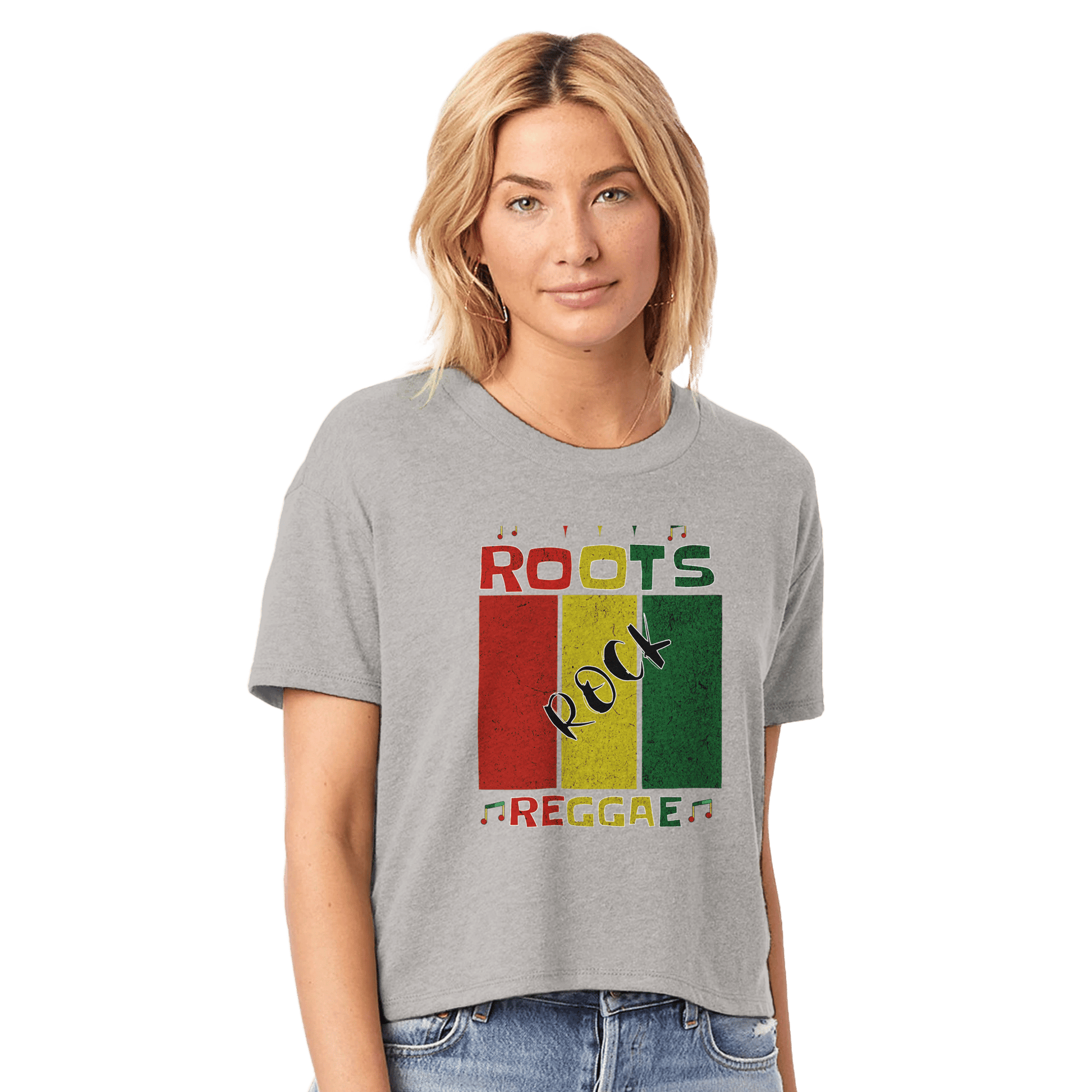 Stylish3Tees.com T-Shirts smoke grey / XS Roots Rock Reggae Jamaica Women's Headliner Cropped Crewneck T-Shirt | Alternative 5114BP