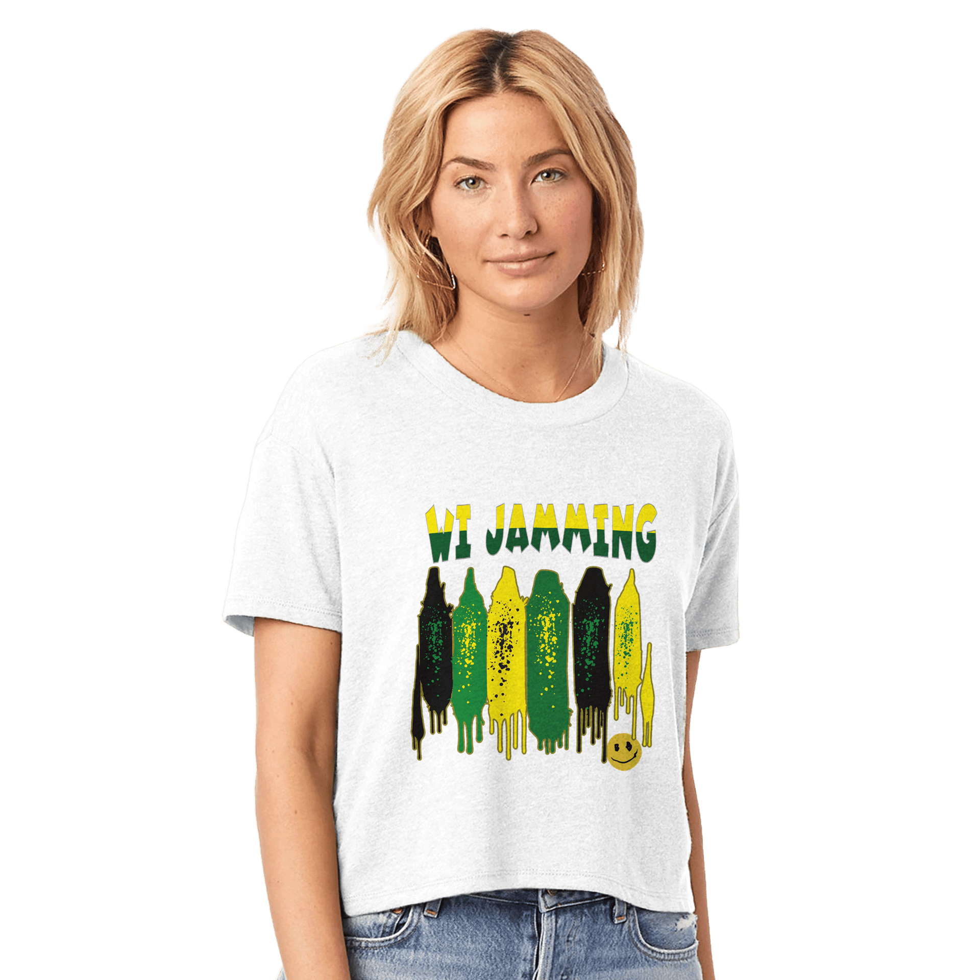 Stylish3Tees.com Print Material White / XS WI Jamming Jamaica" Women's Headliner Cropped Crewneck T-Shirt | Alternative 5114BP