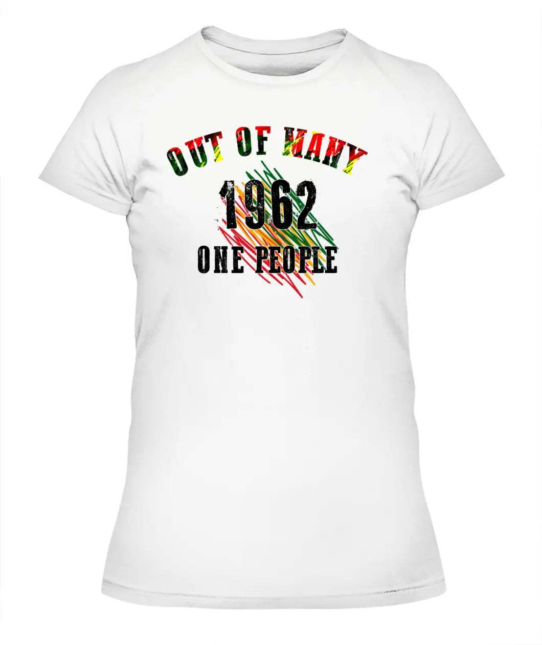 White Ladys women's t-shirt with "Out Of Many 1962 One People" text and colorful design, 100% cotton