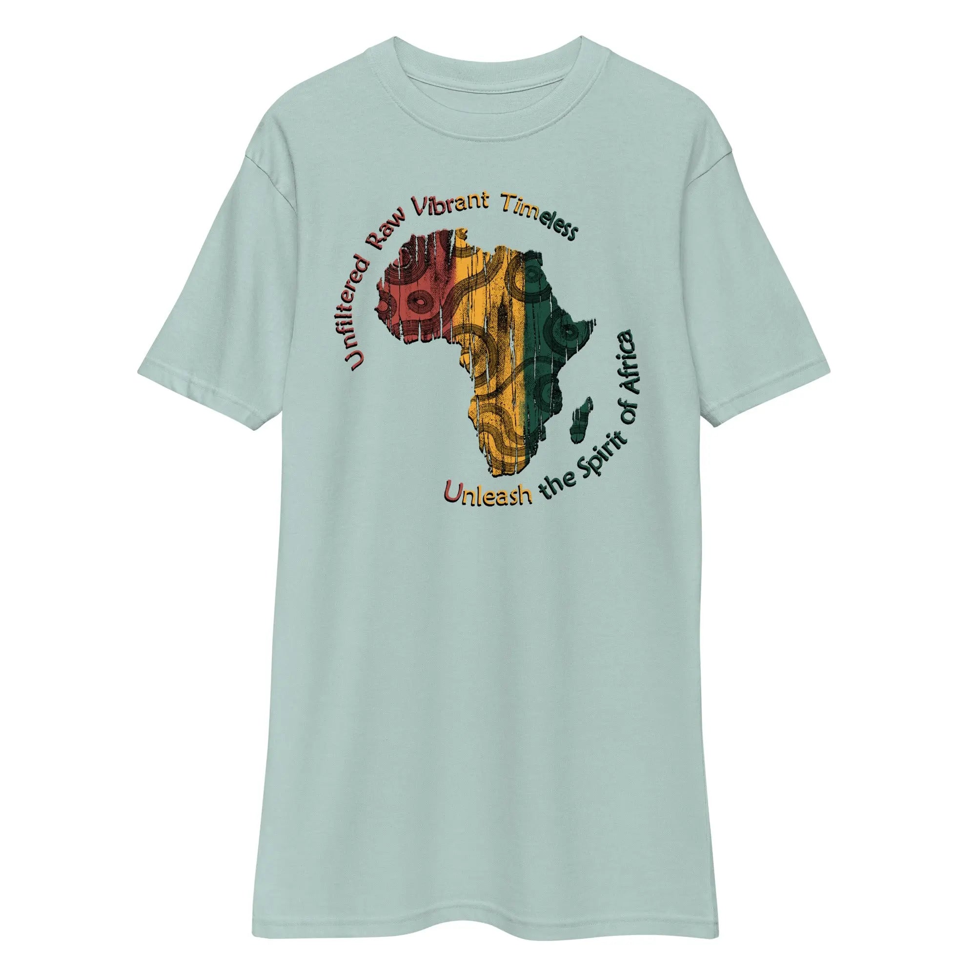 Spirit Of Africa men's premium heavyweight tee with colorful Africa map graphic and text design, light green cotton shirt