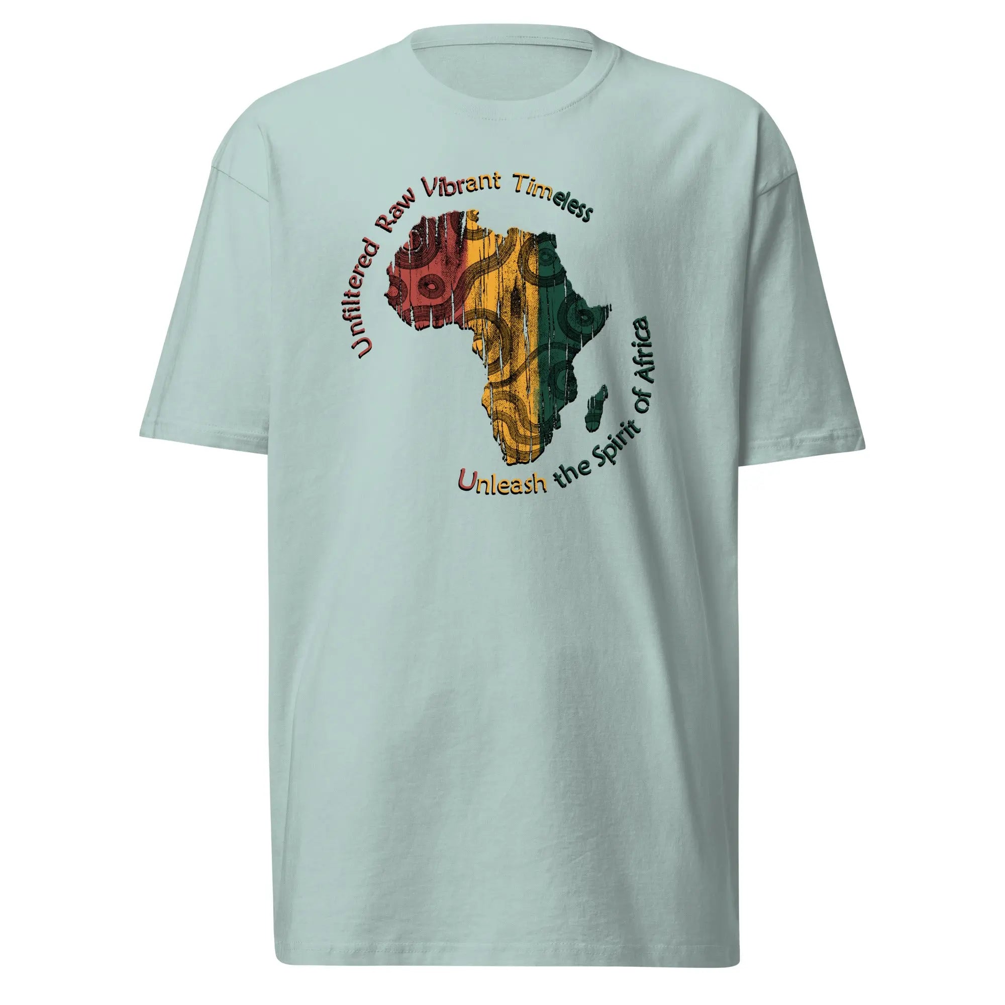 Spirit Of Africa men's heavyweight tee with colorful African continent graphic and inspirational text design