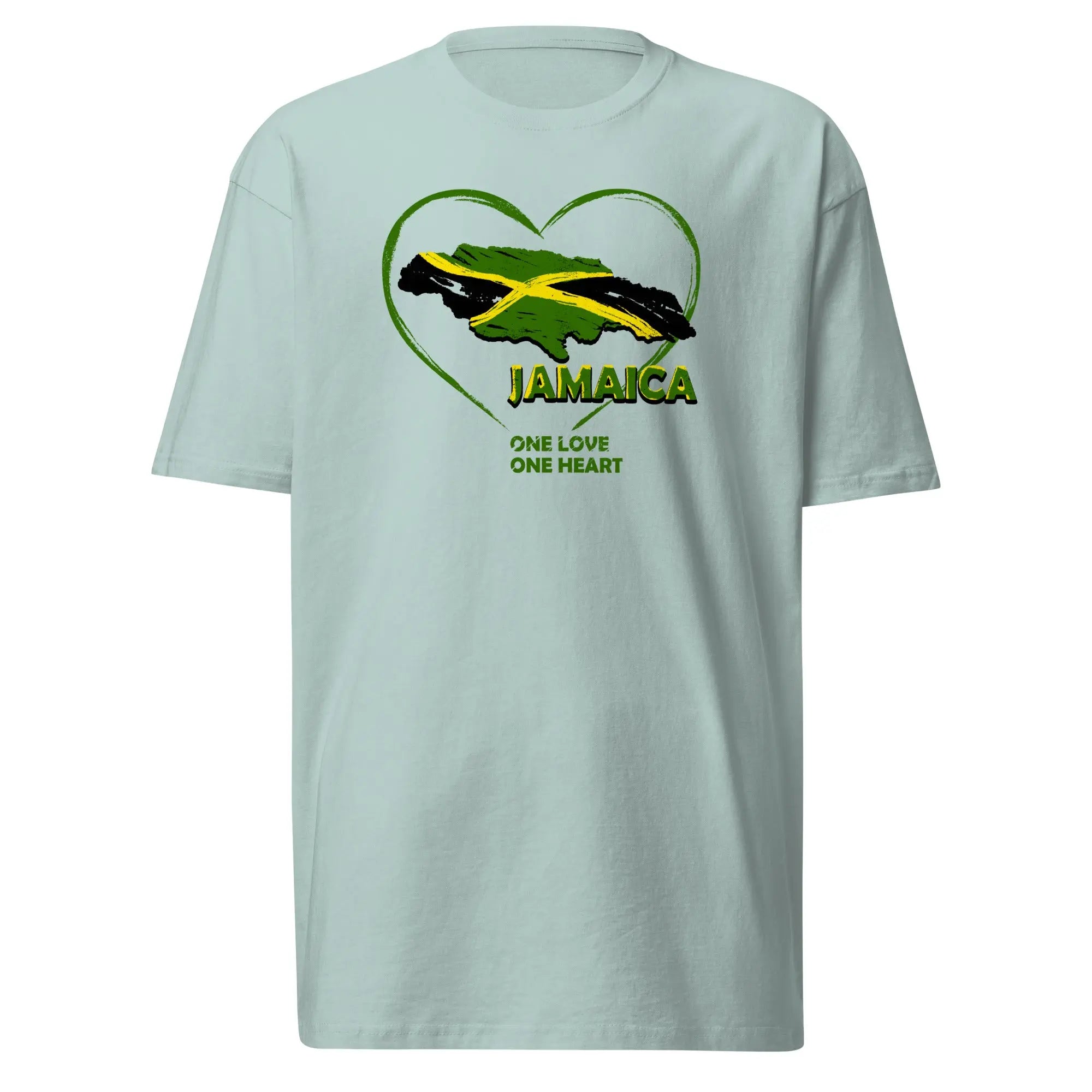 Men's Jamaica One Love One Heart premium heavyweight tee with Jamaican flag heart design