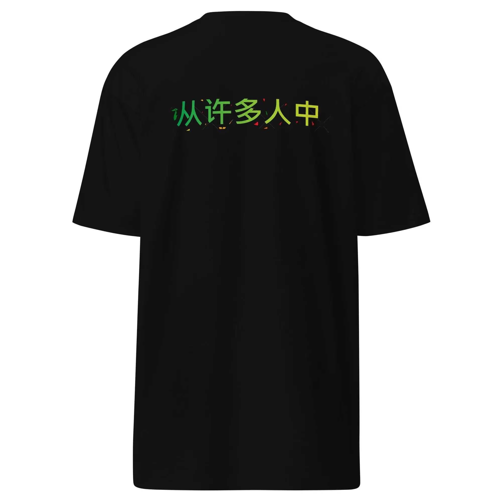 Back view of Out of Many, One People men's charcoal heavyweight tee with Chinese translation text.