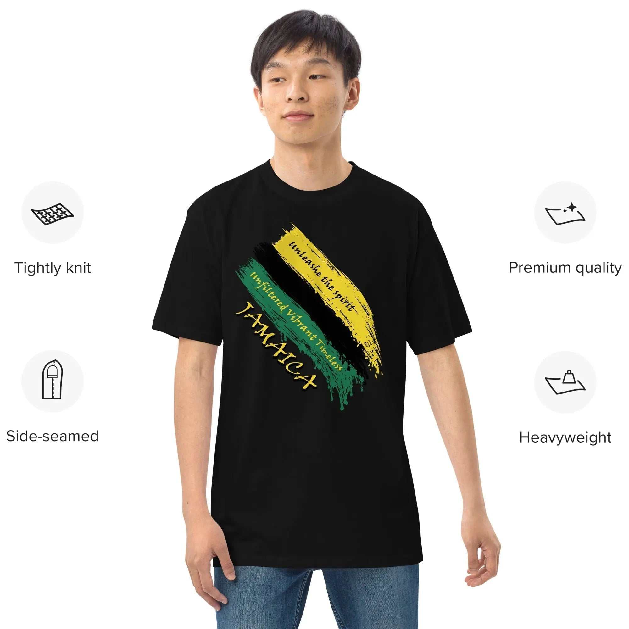 Raw Unfiltered Jamaica Men’s Premium Heavyweight Tee featuring bold brush strokes in national colors and inspirational text