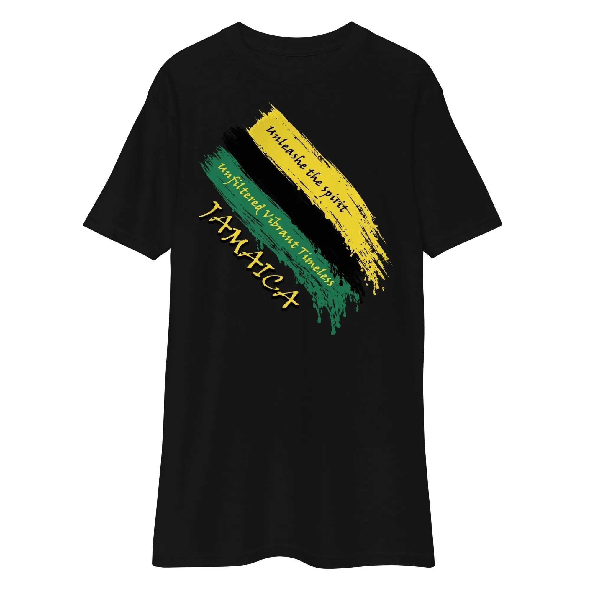 Black Raw Unfiltered Jamaica Men’s Premium Heavyweight Tee with bold yellow and green brushstroke design and "Unshake the Spirit" text