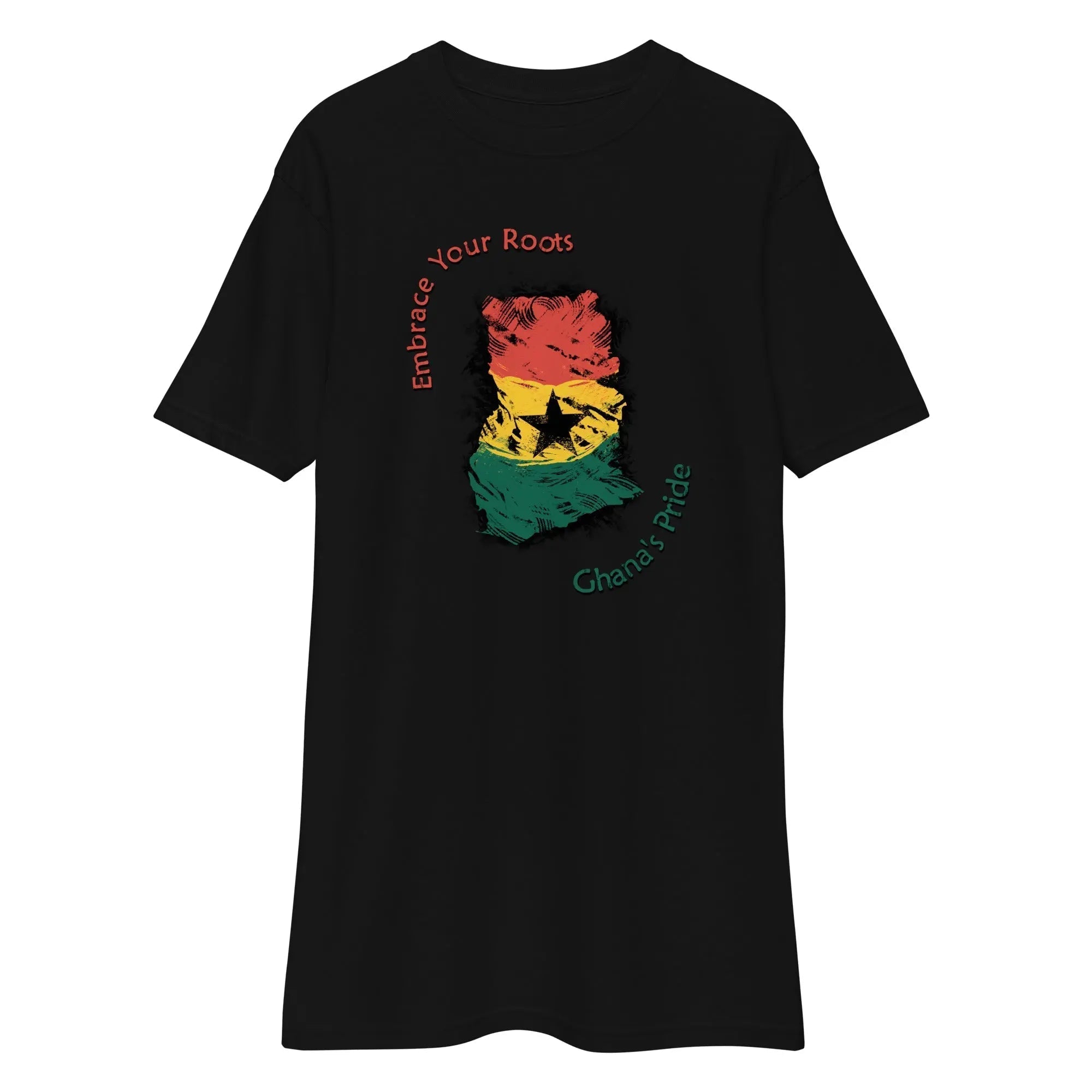 Roots Of Ghana's Pride men's premium heavyweight black tee with Ghana flag design and "Embrace Your Roots" text