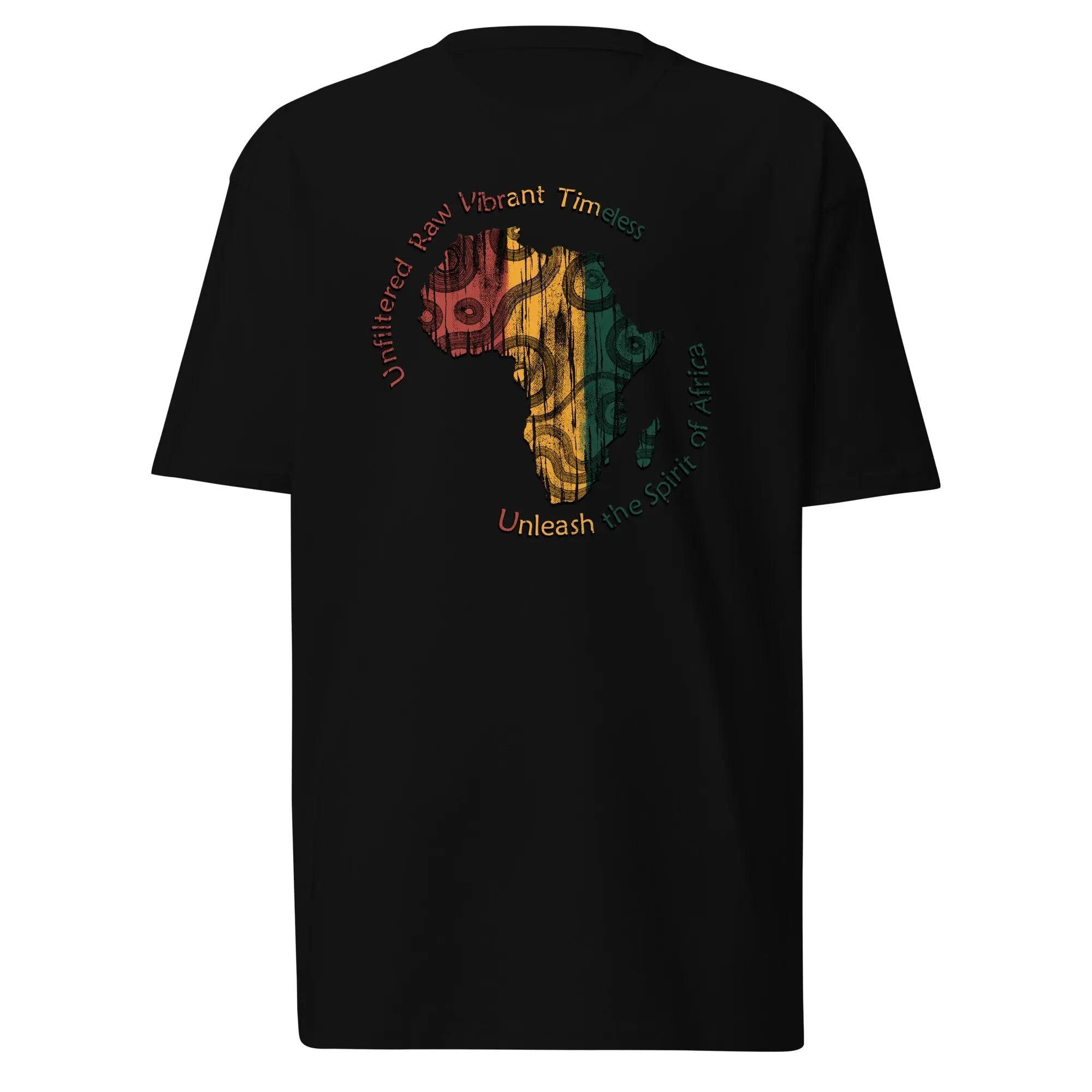 Black Spirit Of Africa men's heavyweight tee with colorful Africa map graphic and text design