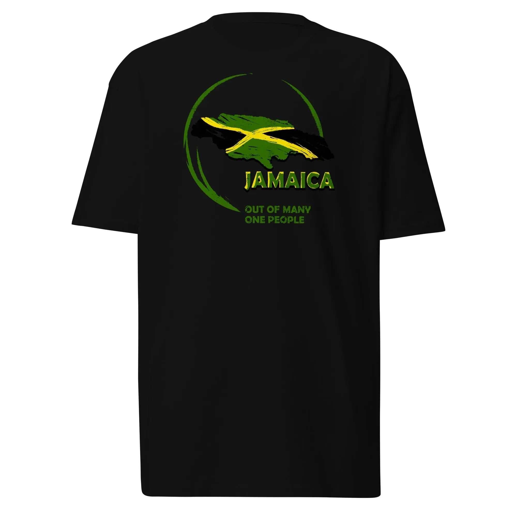Black men's heavyweight tee with dynamic Jamaican flag and "Out of Many, One People" motto design