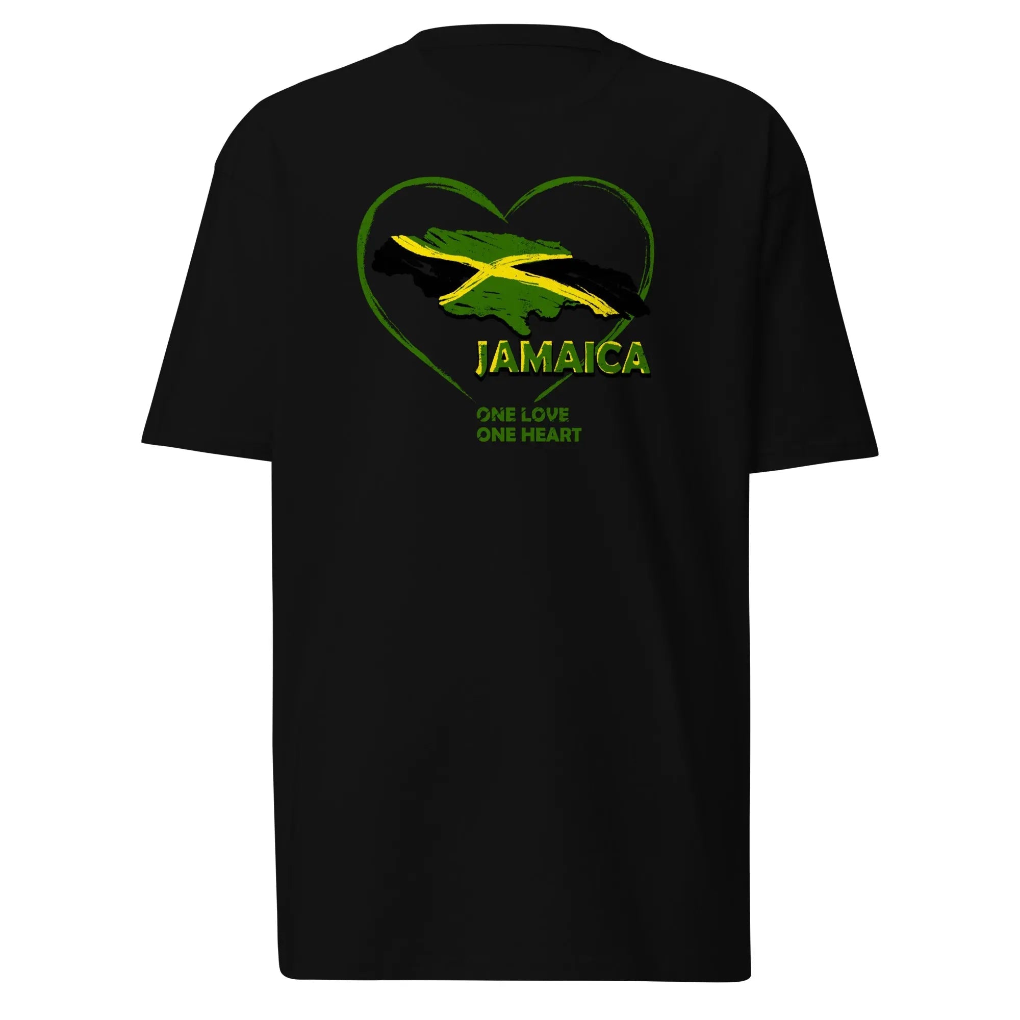 Black men's heavyweight tee with green heart and Jamaican flag design featuring "Jamaica One Love One Heart" text