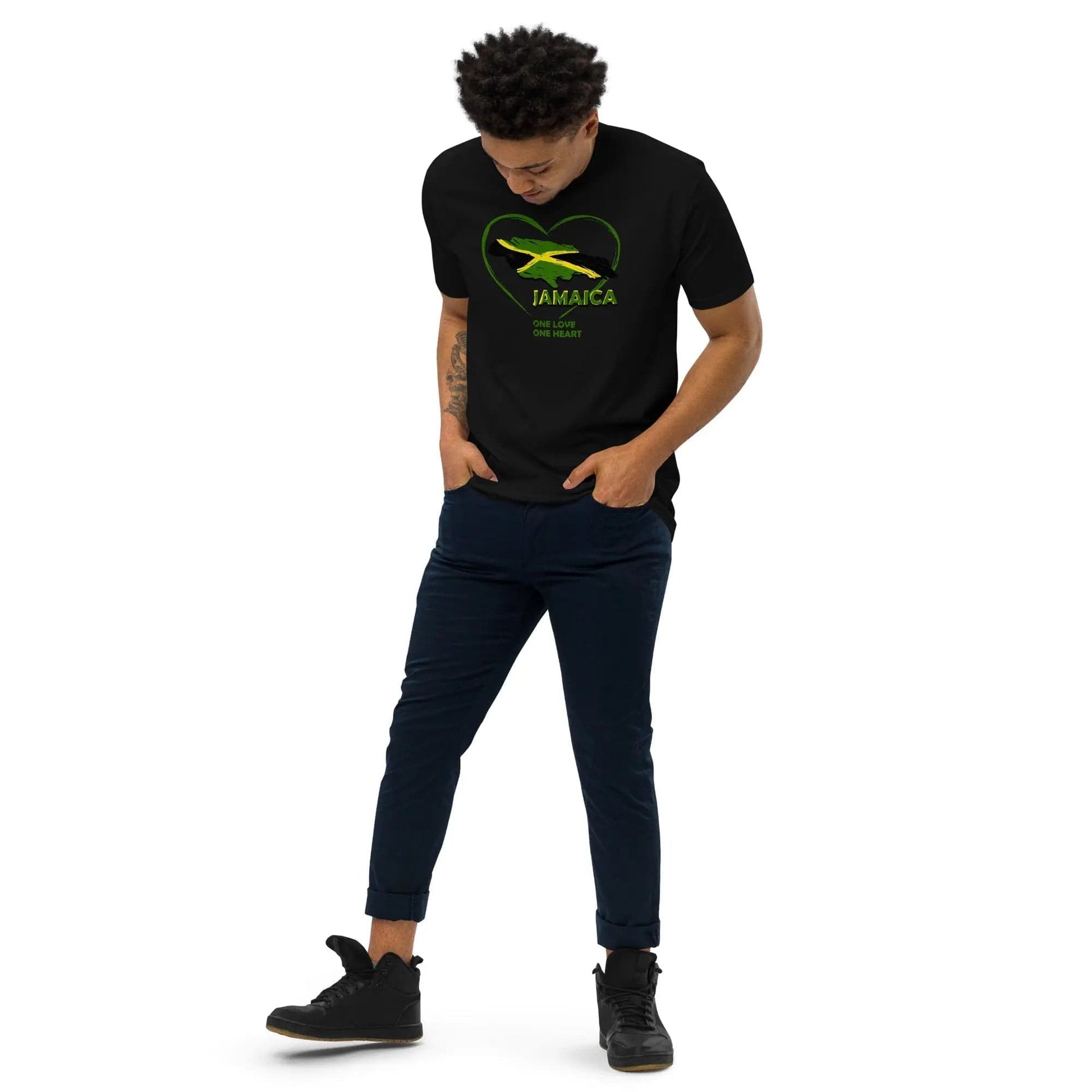 STYLISH3TEES.COM Jamaica One Love One Heart. Men’s Premium Heavyweight Tee