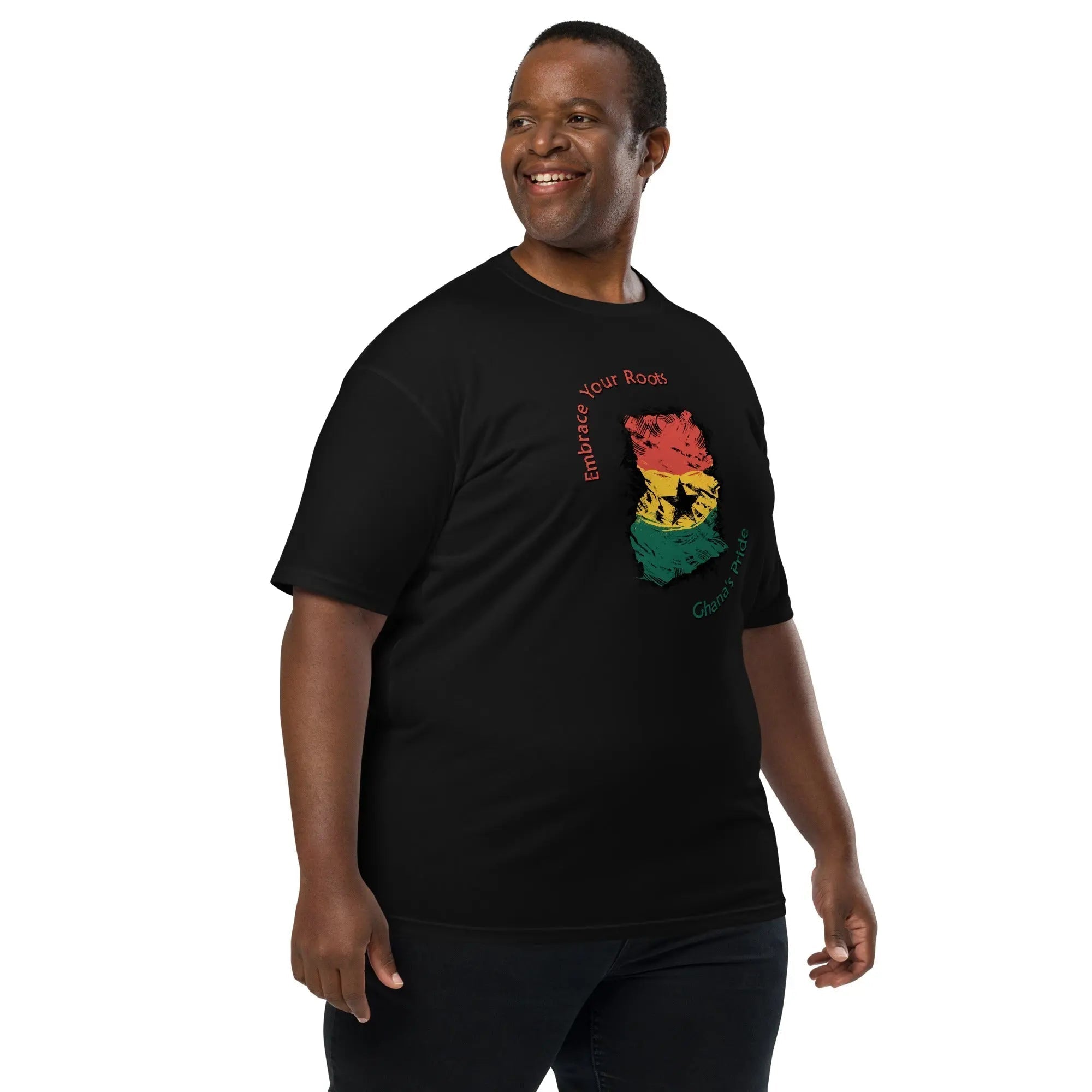 Roots Of Ghana's Pride men's heavyweight tee with Ghana flag map and Embrace Your Roots design