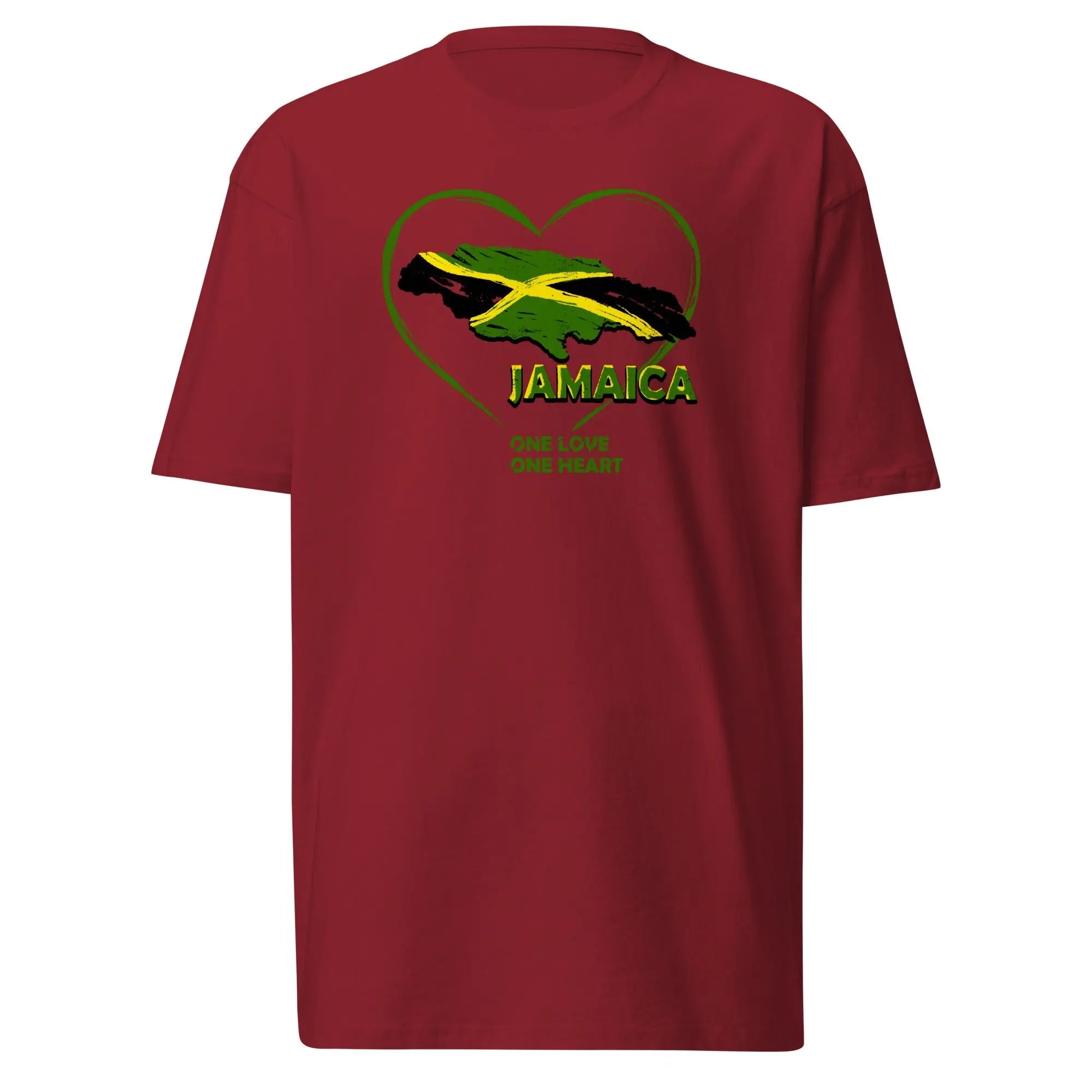 Men's premium heavyweight red t-shirt with Jamaica One Love heart and flag design