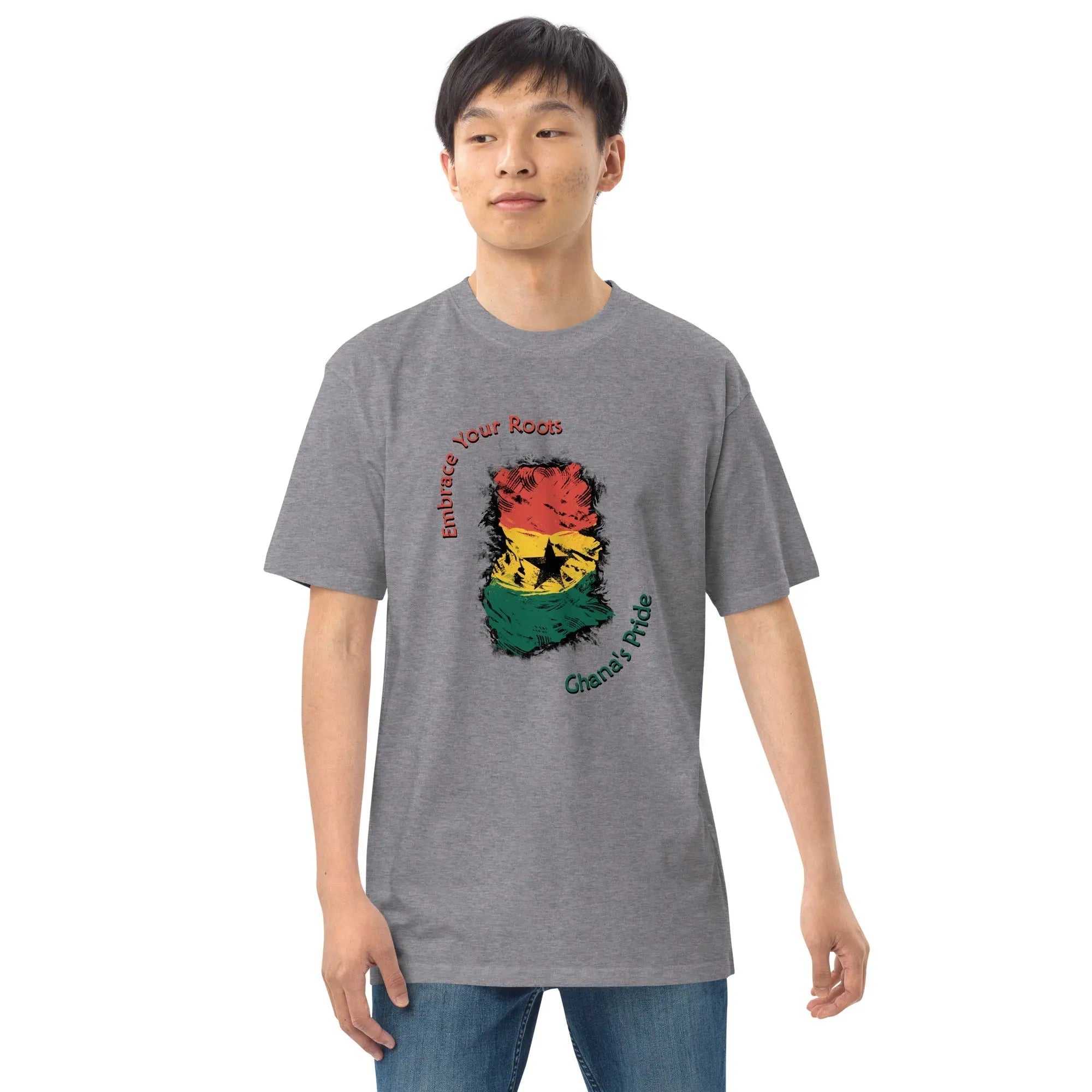 Men's Roots Of Ghana's Pride premium heavyweight grey tee with Ghana flag design and "Embrace Your Roots" text