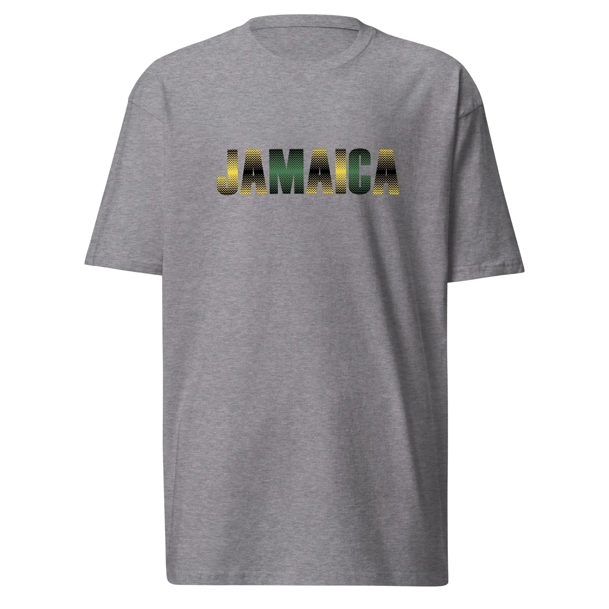 Jamaica Out Of Many One People men's premium heavyweight charcoal grey cotton t-shirt with stylish text design