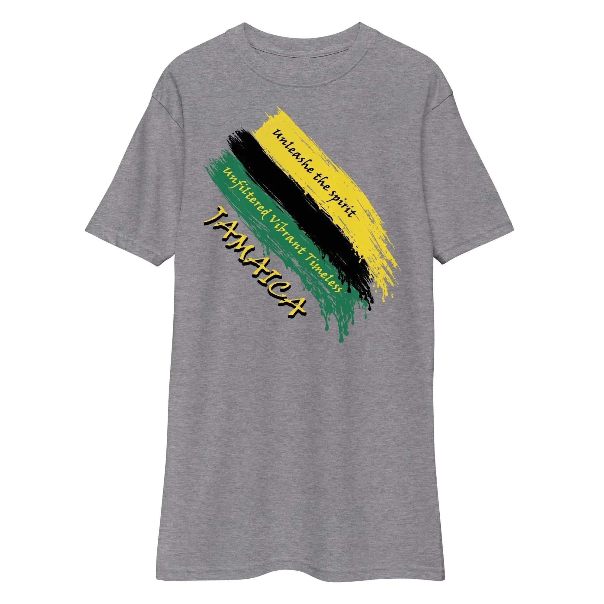Raw Unfiltered Jamaica Men’s Premium Heavyweight Tee with Jamaican flag brush stroke design and "Unshake the Spirit" text on grey cotton fabric