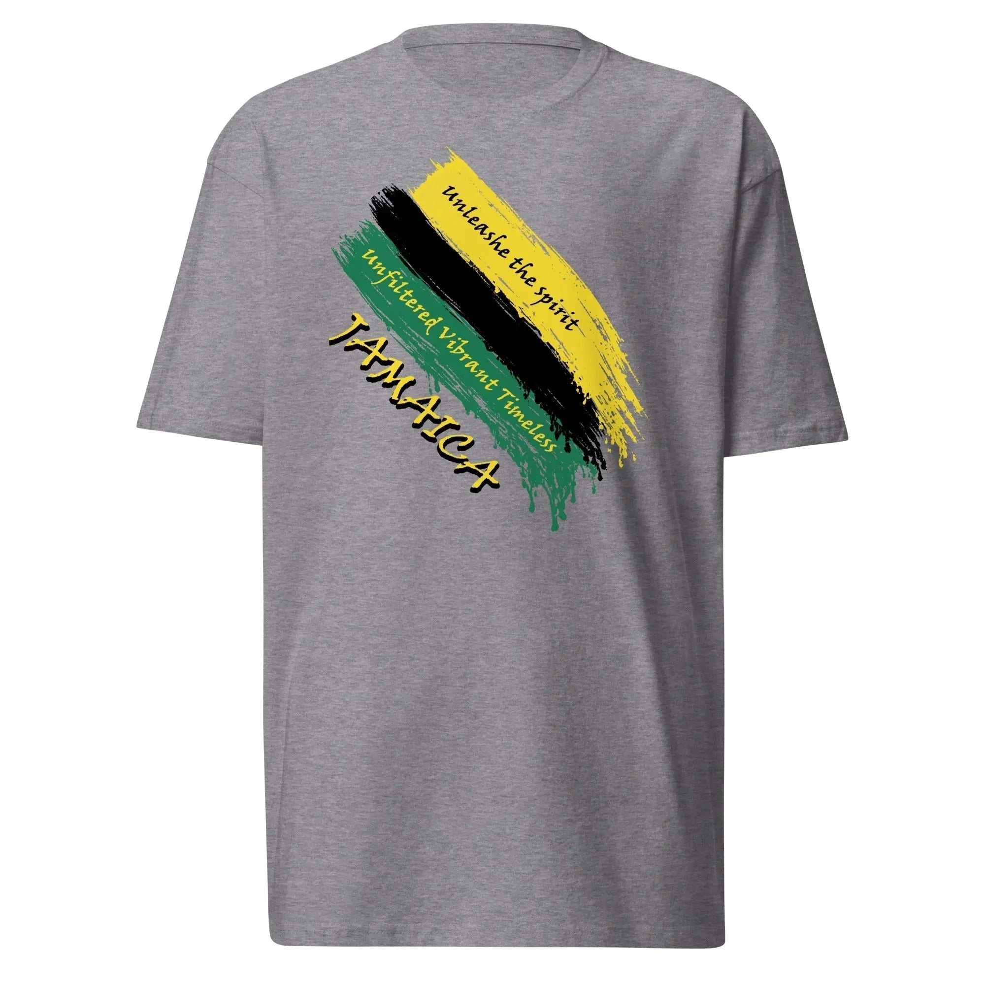 Raw Unfiltered Jamaica Men’s Premium Heavyweight Tee with Jamaican flag colors and "Unleash the Spirit" design on gray fabric