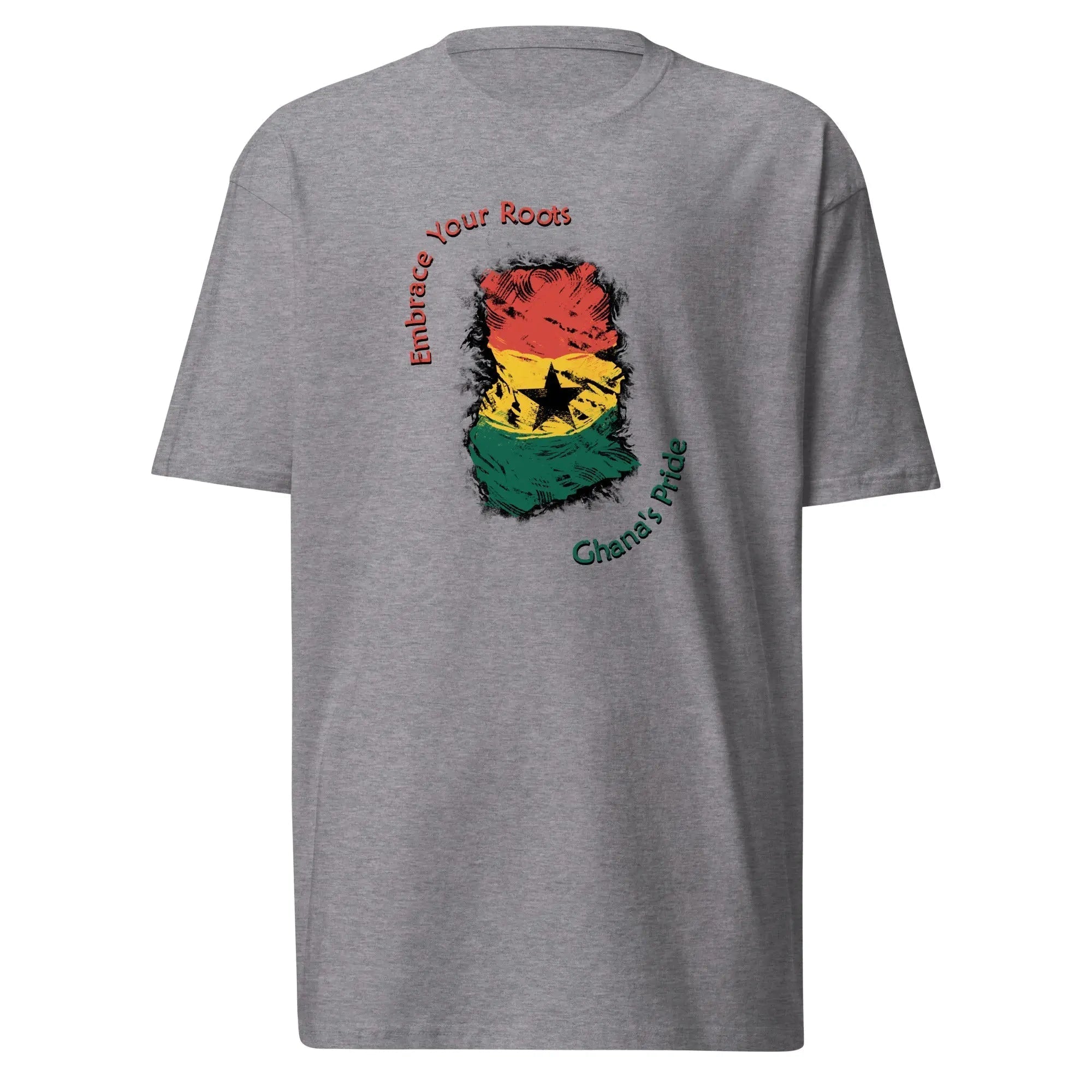 Roots Of Ghana's Pride men's premium heavyweight tee with Ghana flag design and "Embrace Your Roots" text on charcoal grey background