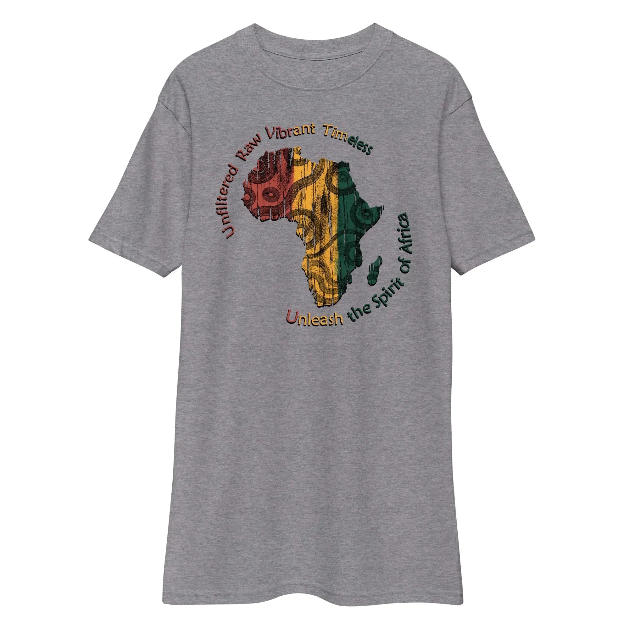 Spirit Of Africa men's heavyweight grey tee with colorful Africa map graphic and text design
