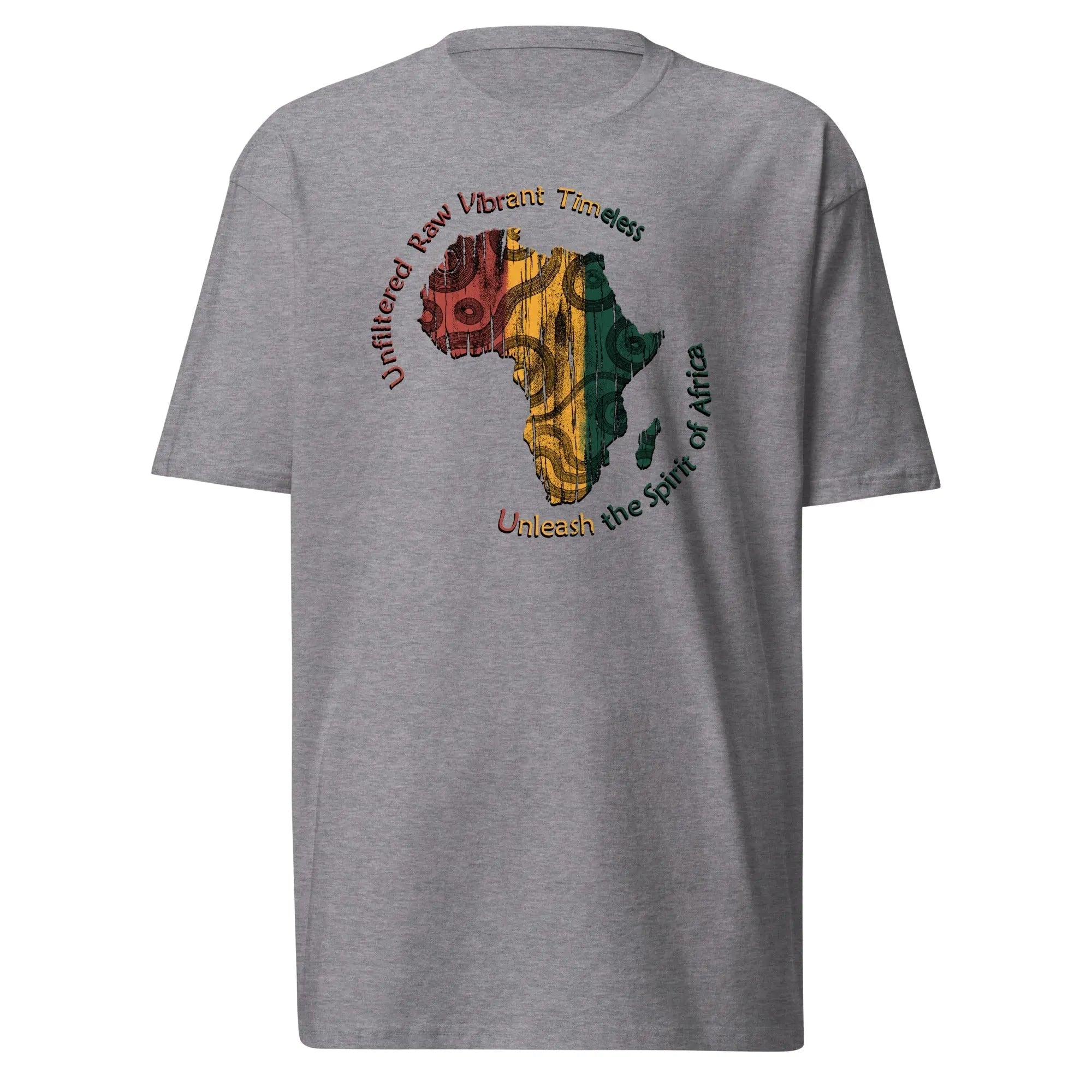Spirit Of Africa men's premium heavyweight charcoal grey tee with colorful Africa map design and stylish fit