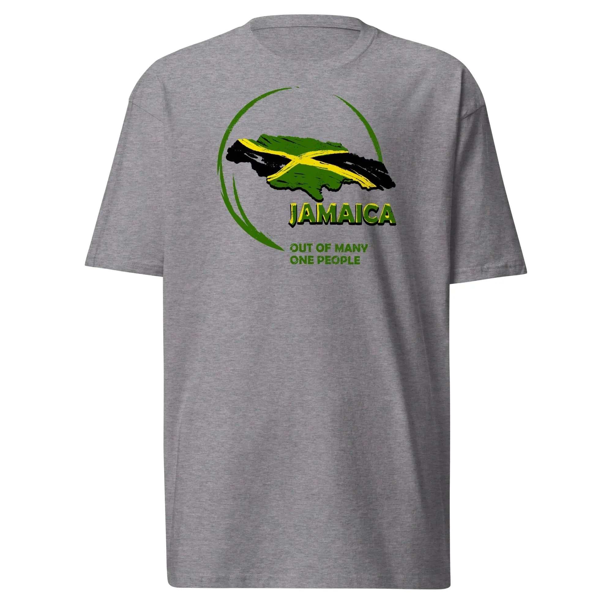 Grey men's premium heavyweight tee with Jamaican flag and "Out of Many One People" slogan design