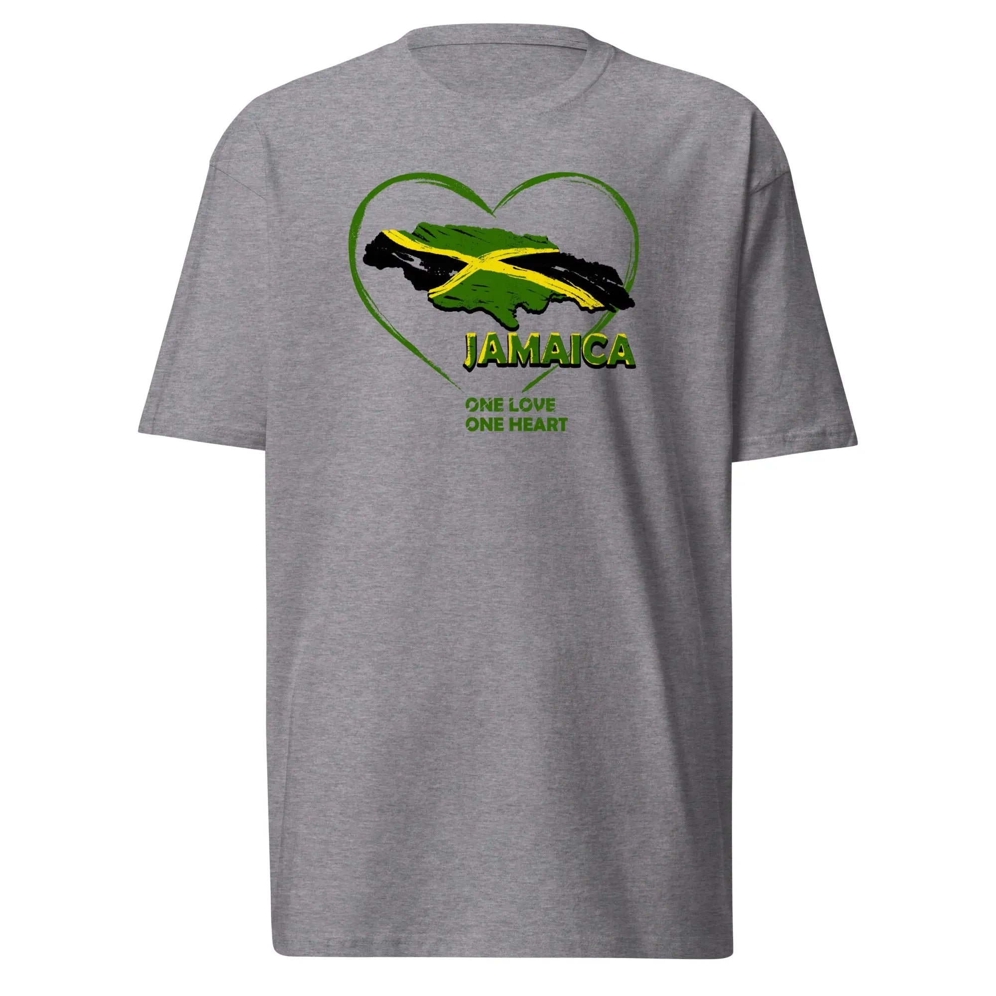 Men’s heavyweight grey t-shirt with Jamaica One Love One Heart design featuring a heart and Jamaican flag outline.