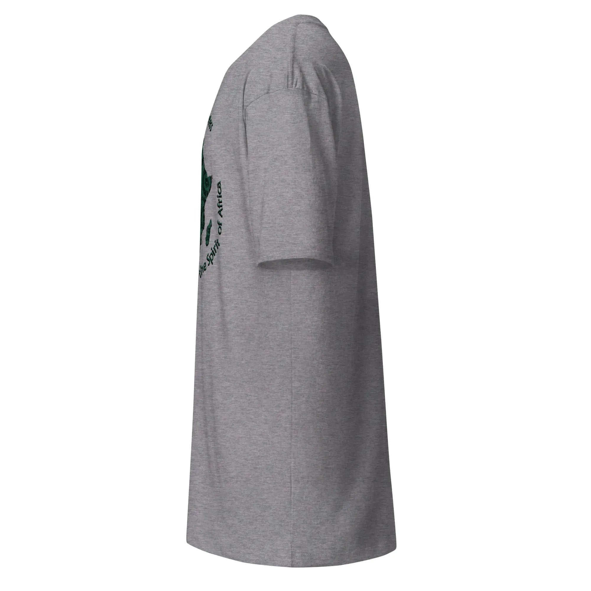 Side view of Spirit Of Africa men’s premium heavyweight charcoal heather tee in regular fit made from ring-spun cotton blend