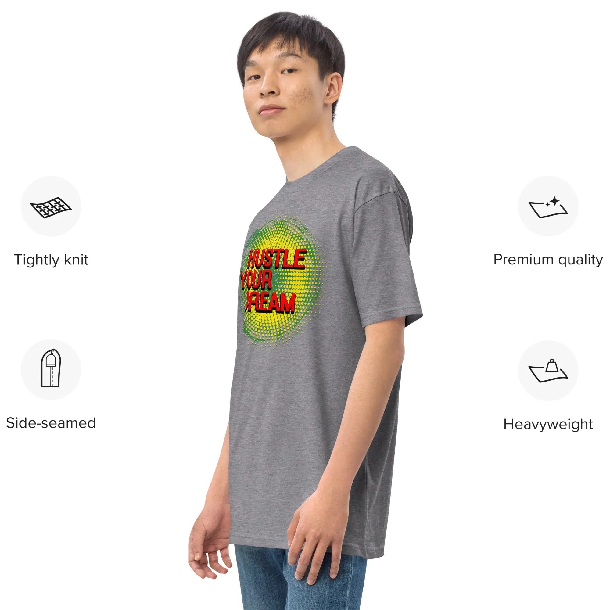 Man wearing grey Hustle Your Dream premium heavyweight tee with colorful graphic design, made of 100% combed ring-spun cotton