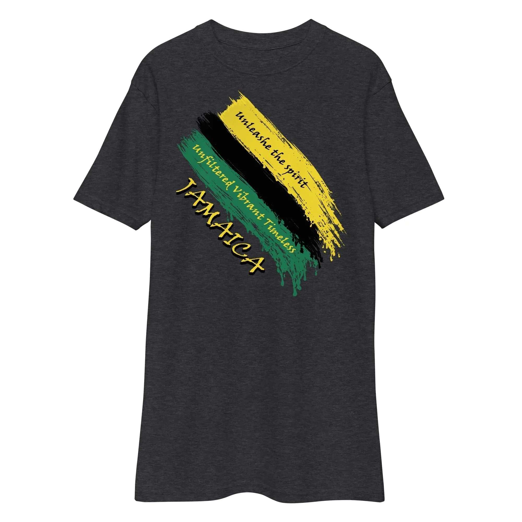 Raw Unfiltered Jamaica Men’s Premium Heavyweight Tee with Jamaica flag brush stroke design and "Unshake the Spirit" text on charcoal fabric