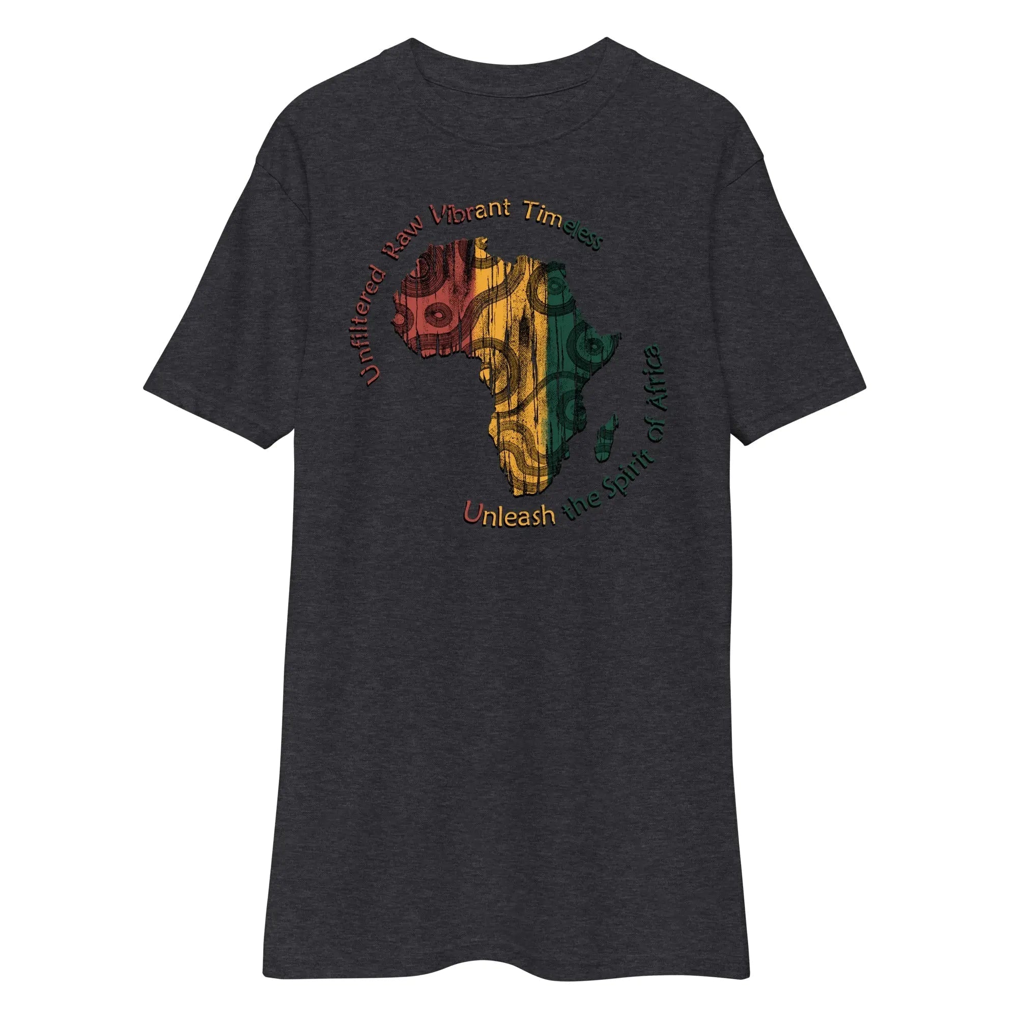 Spirit Of Africa men's premium heavyweight charcoal grey tee with colorful African continent graphic and text "Unleash the Spirit of Africa"