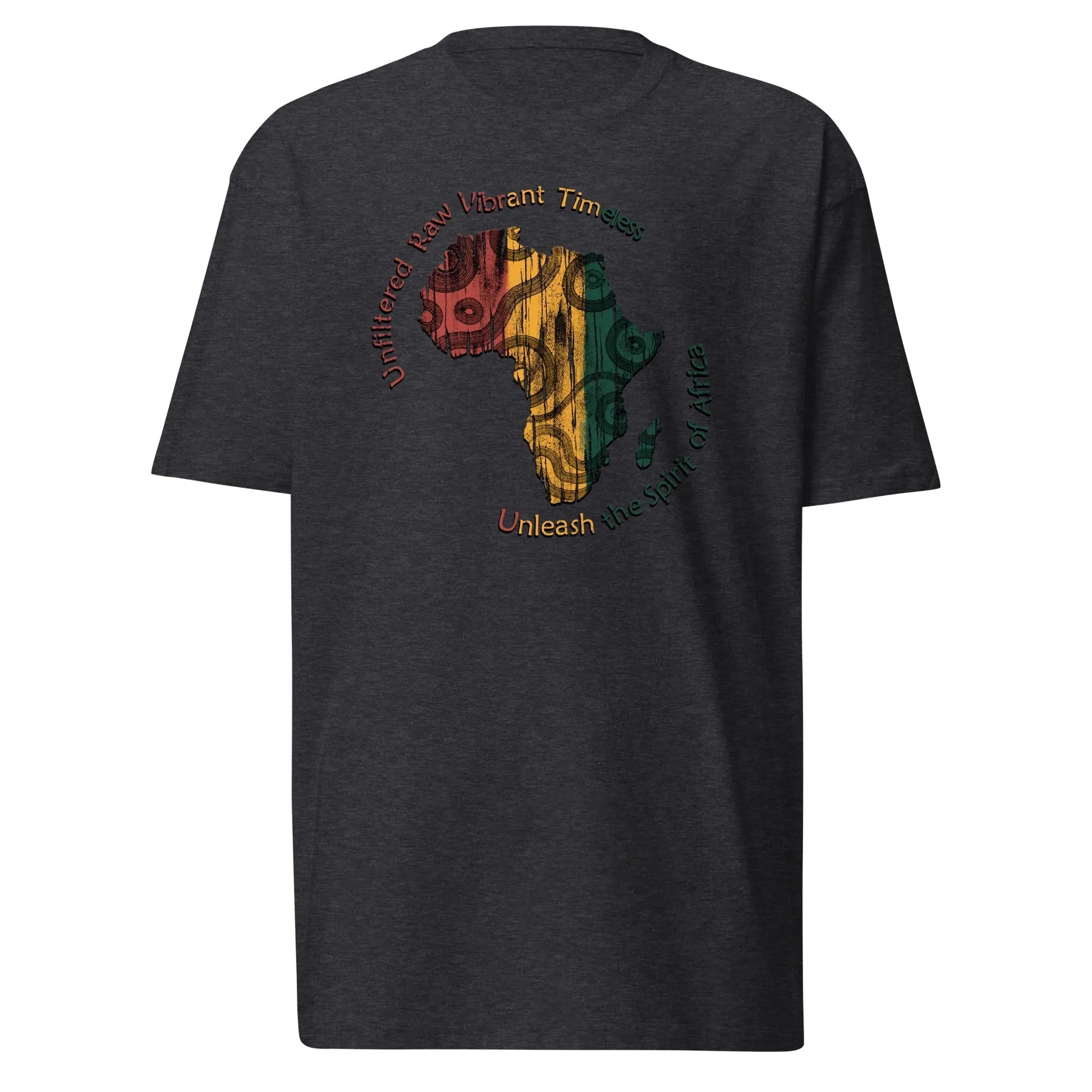 Spirit Of Africa men's charcoal heavyweight tee with colorful African continent design and vibrant text