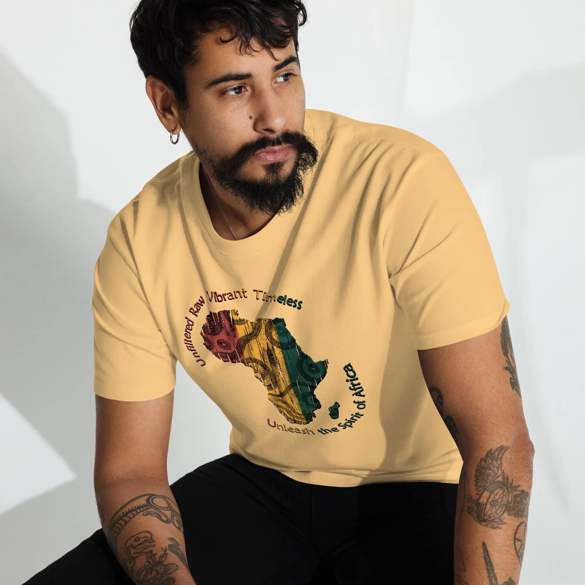 Man wearing Spirit Of Africa men's premium heavyweight ring-spun cotton tee with Africa map design