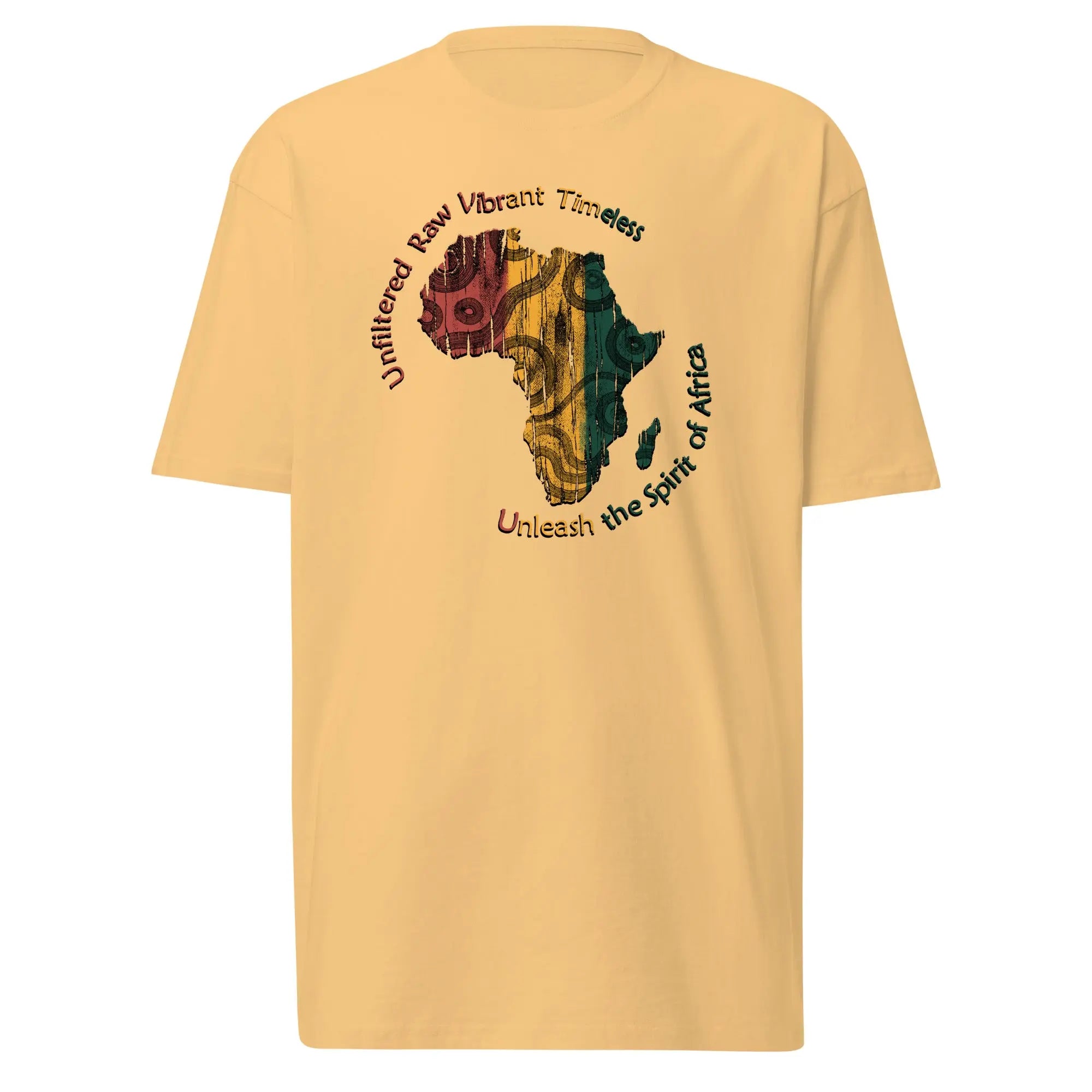 Spirit Of Africa men's premium heavyweight tee with colorful African map graphic and text design on soft cotton fabric